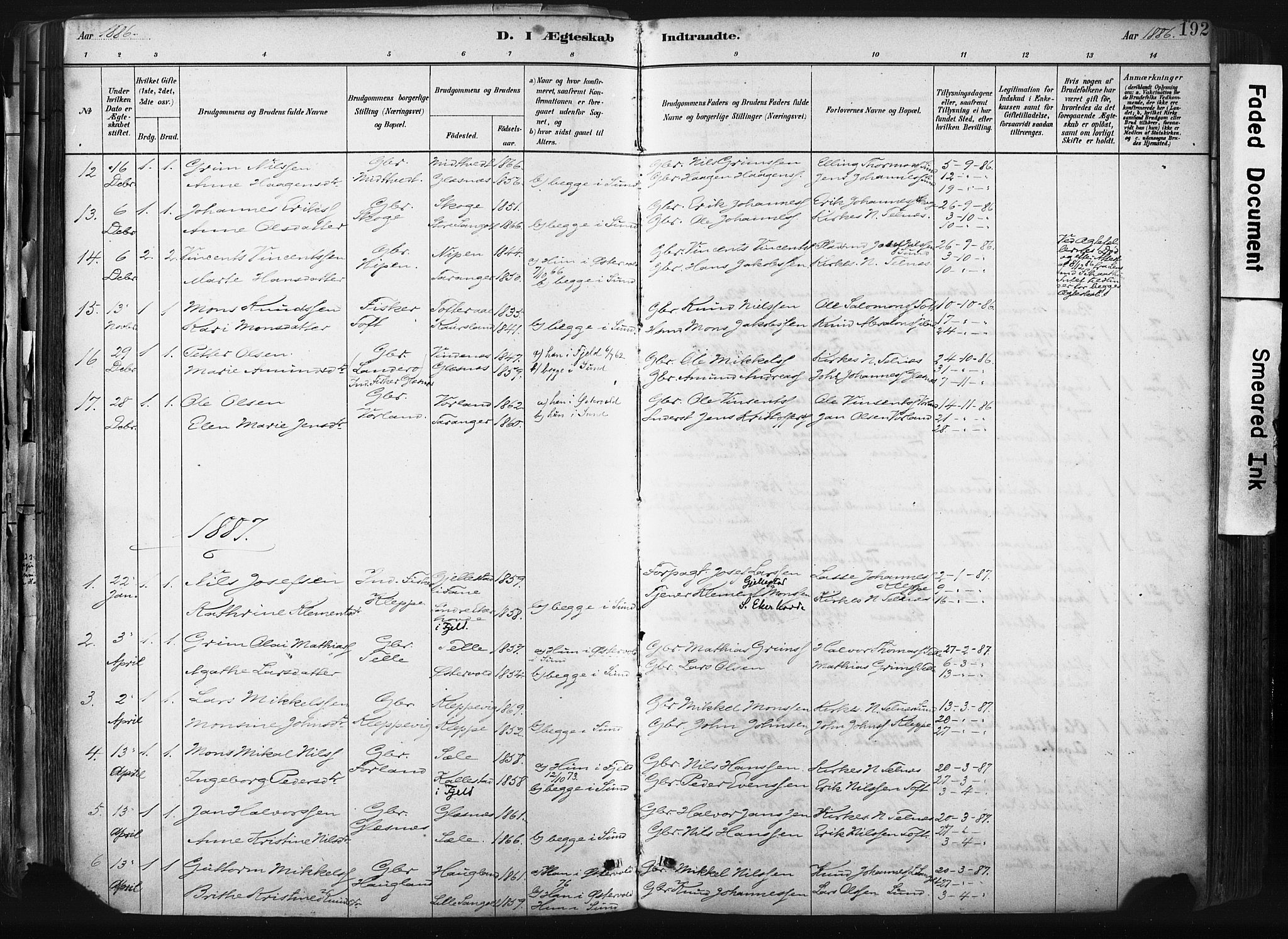 Sund sokneprestembete, SAB/A-99930: Parish register (official) no. B 1, 1882-1907, p. 192