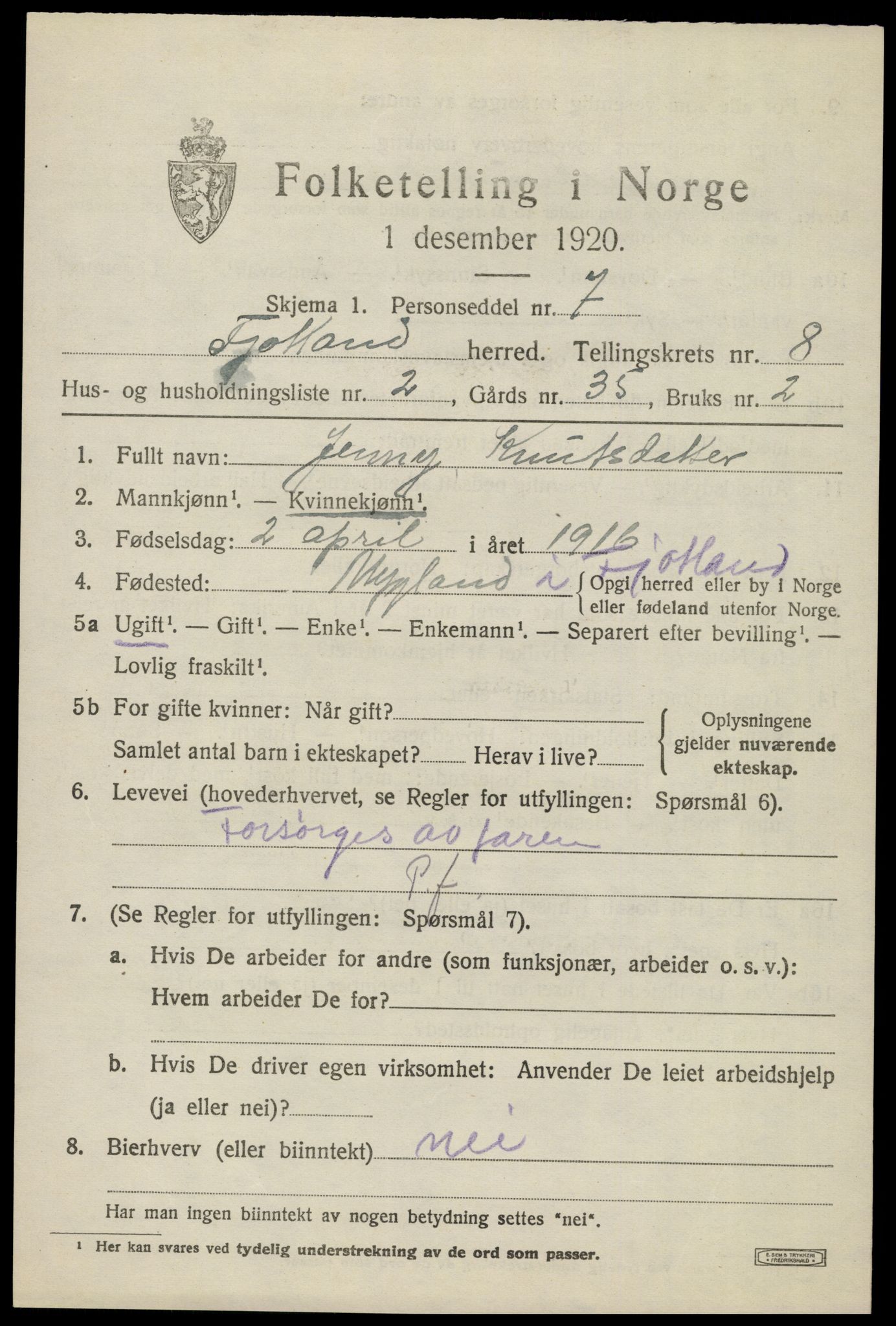 SAK, 1920 census for Fjotland, 1920, p. 2018