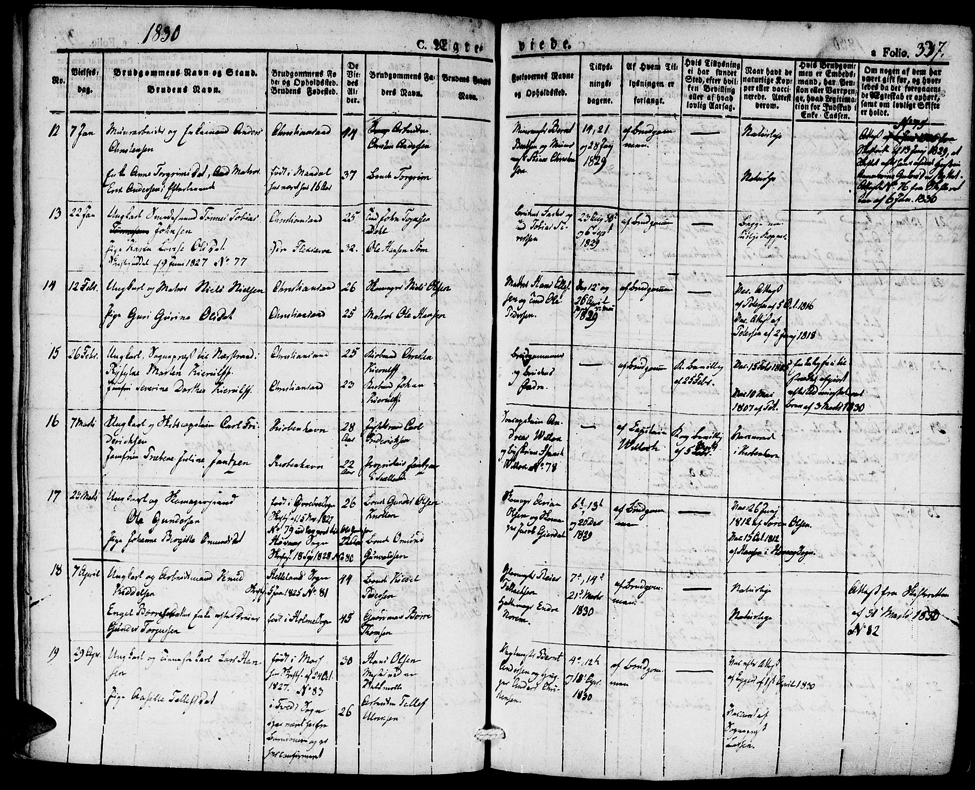 Kristiansand domprosti, SAK/1112-0006/F/Fa/L0011: Parish register (official) no. A 11, 1827-1841, p. 337