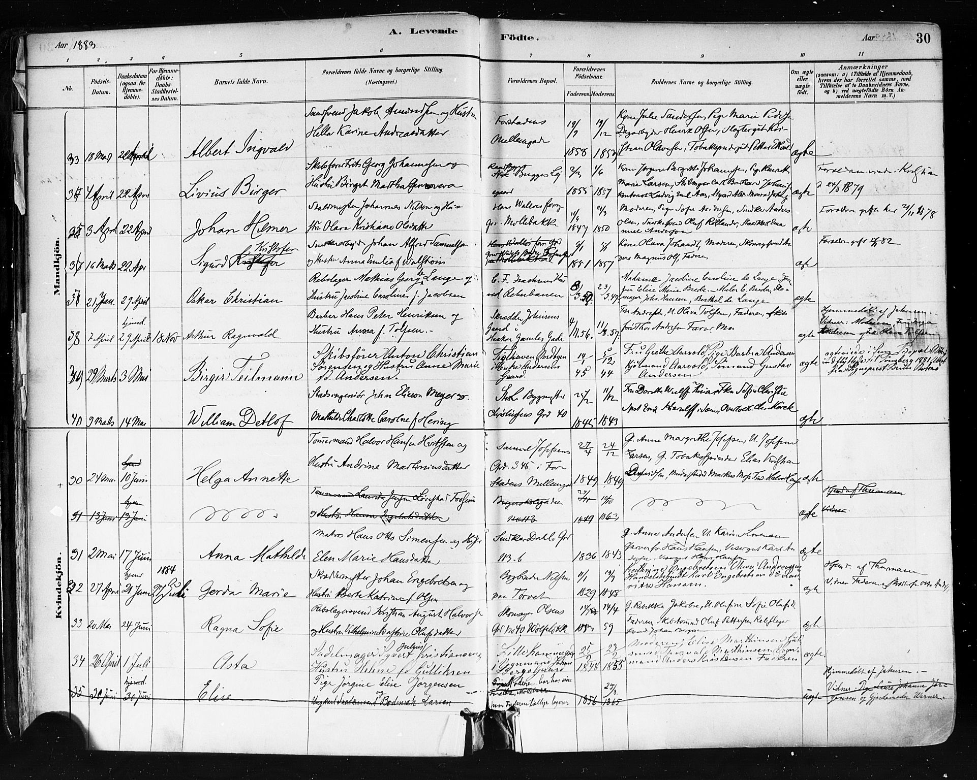 Tønsberg kirkebøker, AV/SAKO-A-330/F/Fa/L0011: Parish register (official) no. I 11, 1881-1890, p. 30