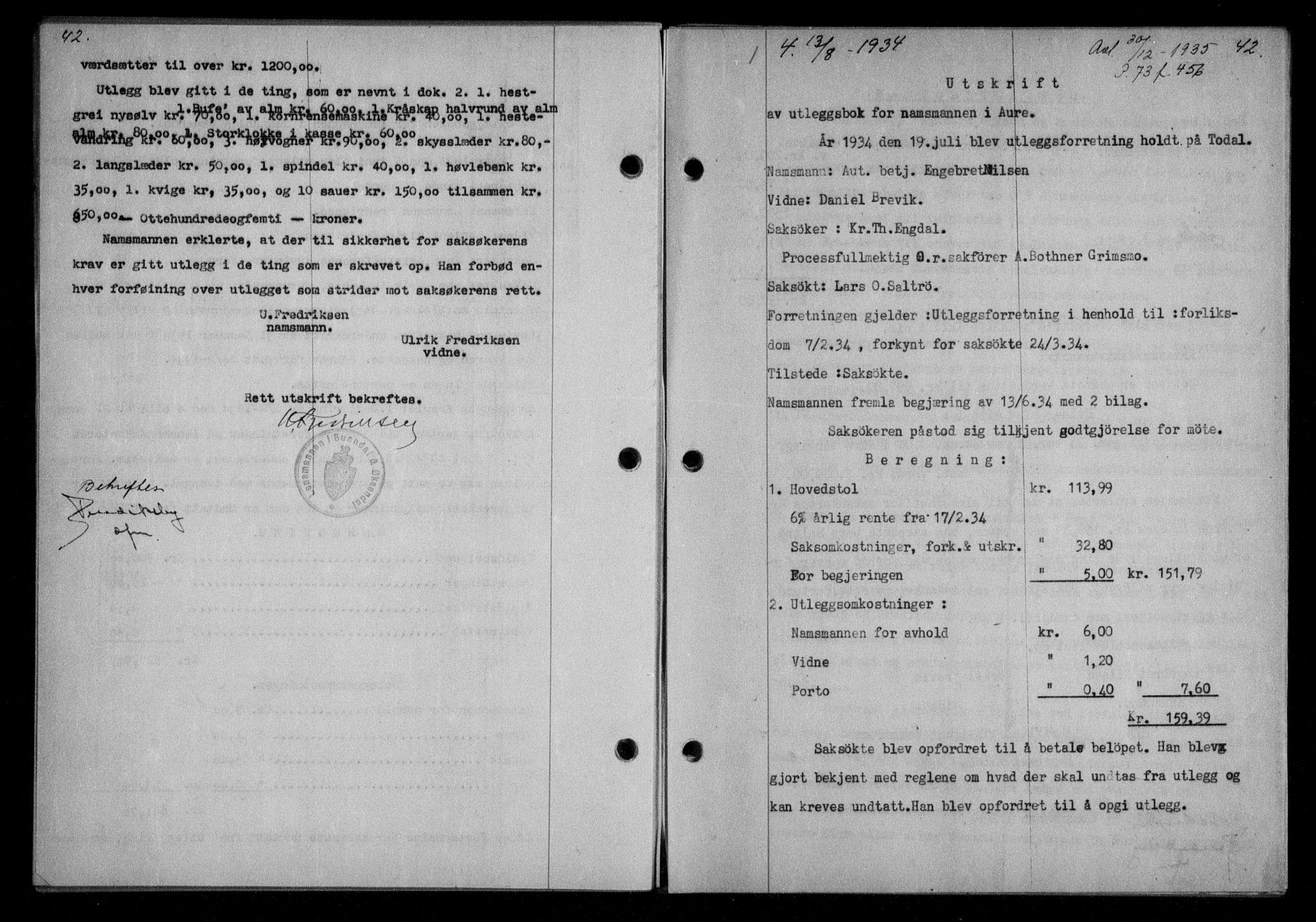 Nordmøre sorenskriveri, AV/SAT-A-4132/1/2/2Ca/L0082: Mortgage book no. 72, 1934-1934, Deed date: 13.08.1934