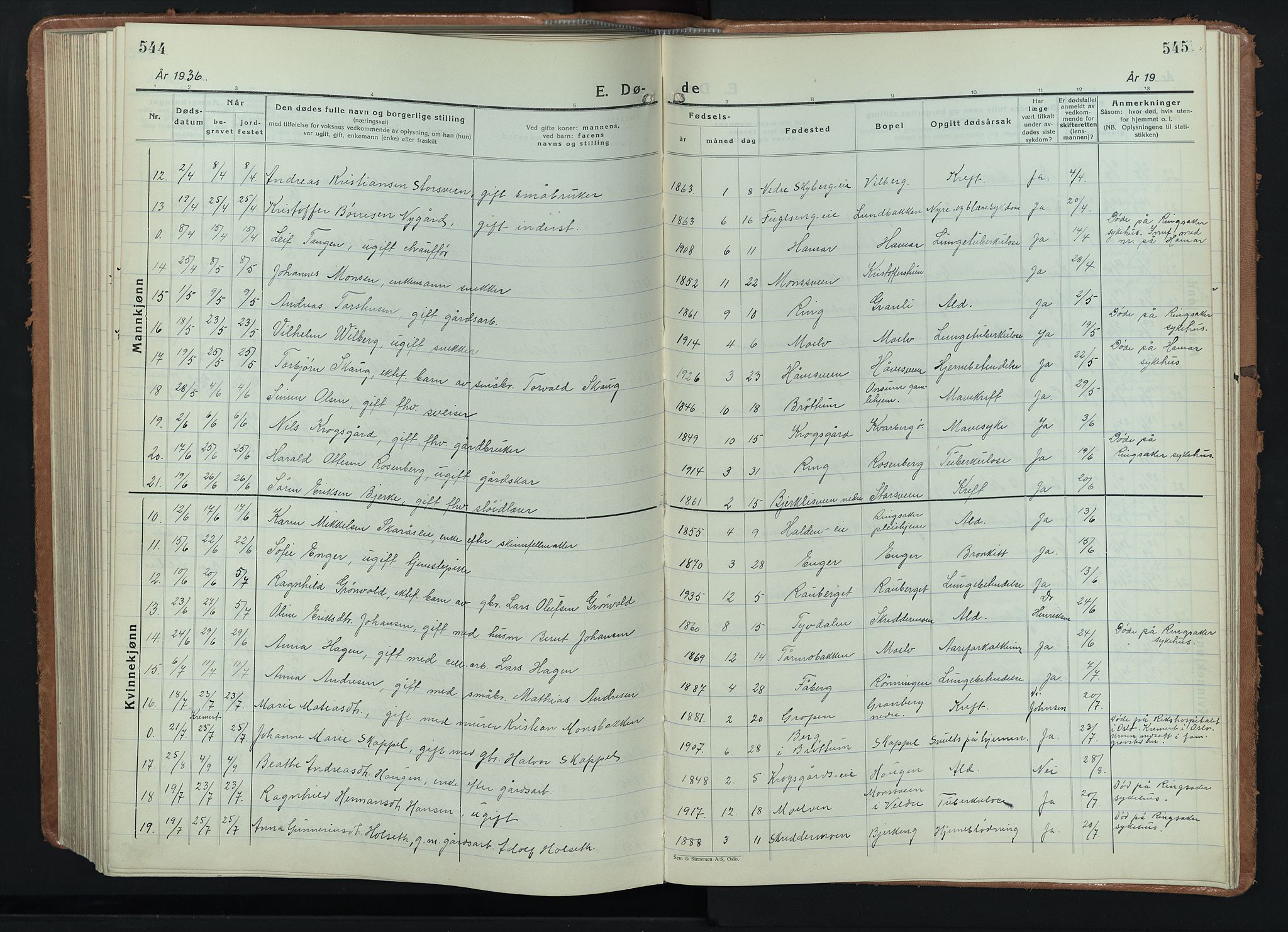Ringsaker prestekontor, SAH/PREST-014/L/La/L0020: Parish register (copy) no. 20, 1934-1946, p. 544-545