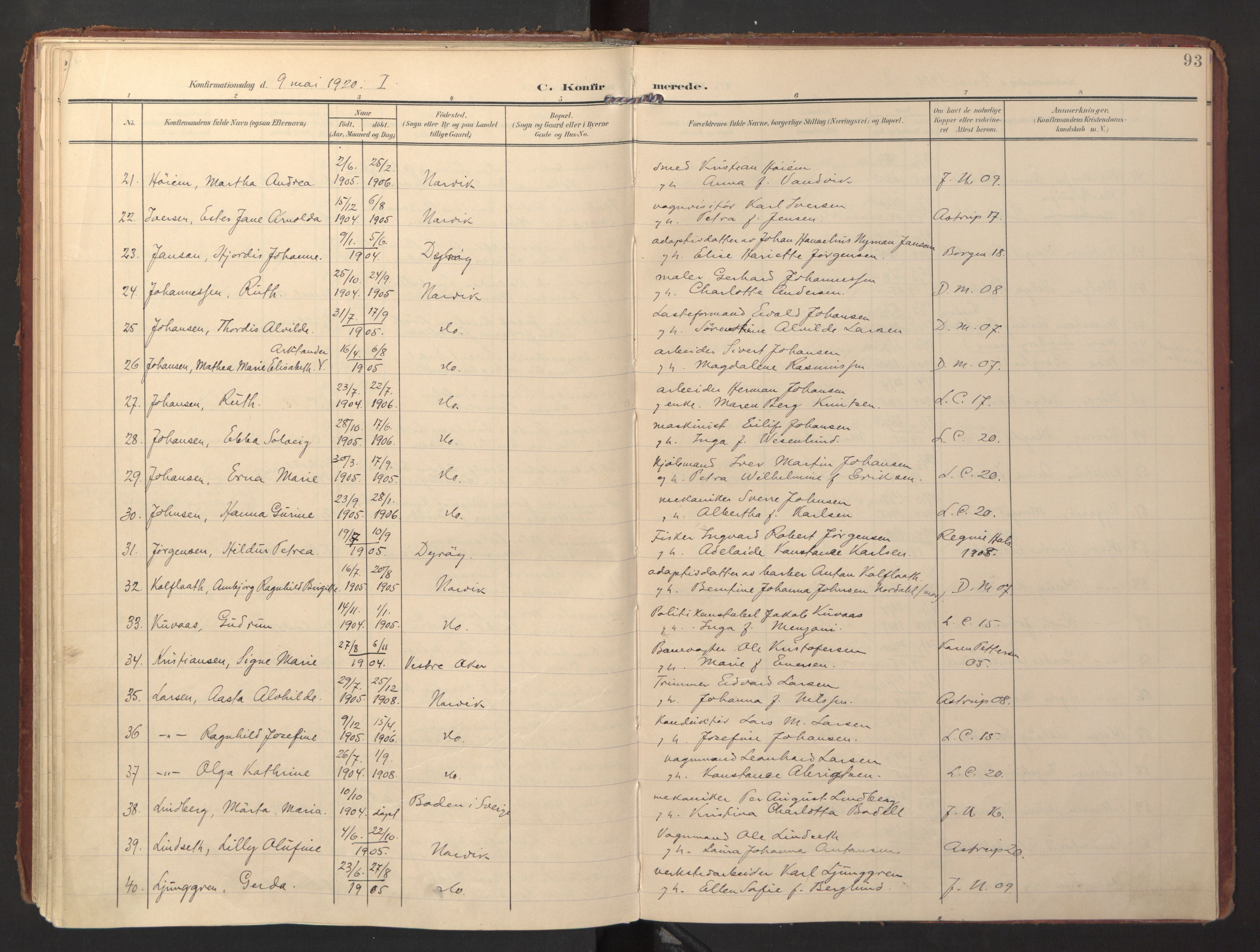 Ministerialprotokoller, klokkerbøker og fødselsregistre - Nordland, AV/SAT-A-1459/871/L0998: Parish register (official) no. 871A14, 1902-1921, p. 93