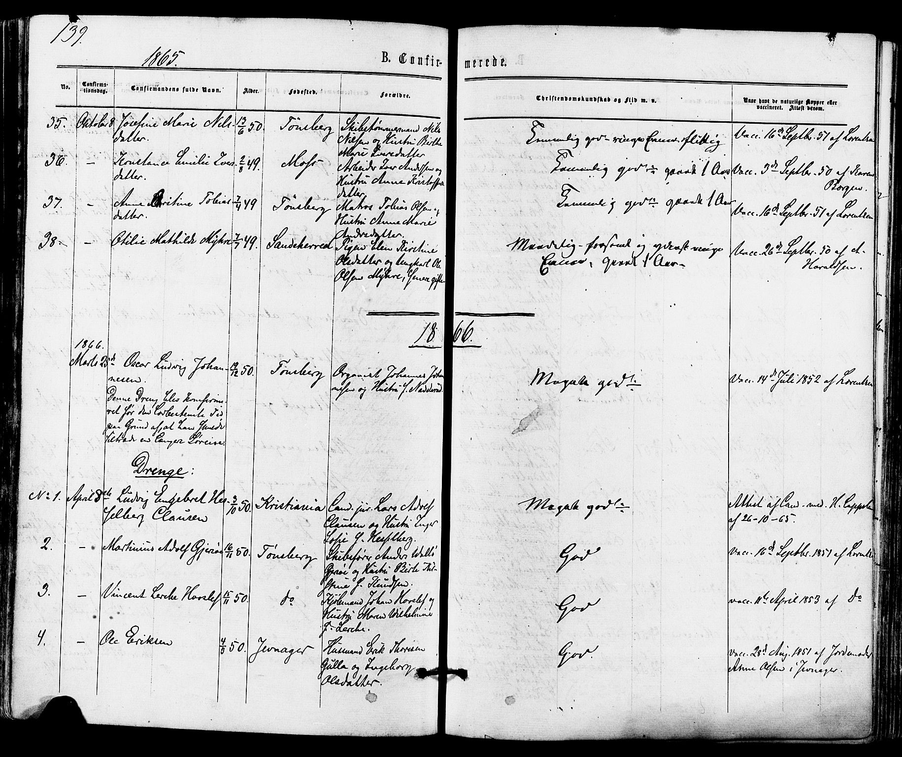 Tønsberg kirkebøker, AV/SAKO-A-330/F/Fa/L0009: Parish register (official) no. I 9, 1865-1873, p. 139