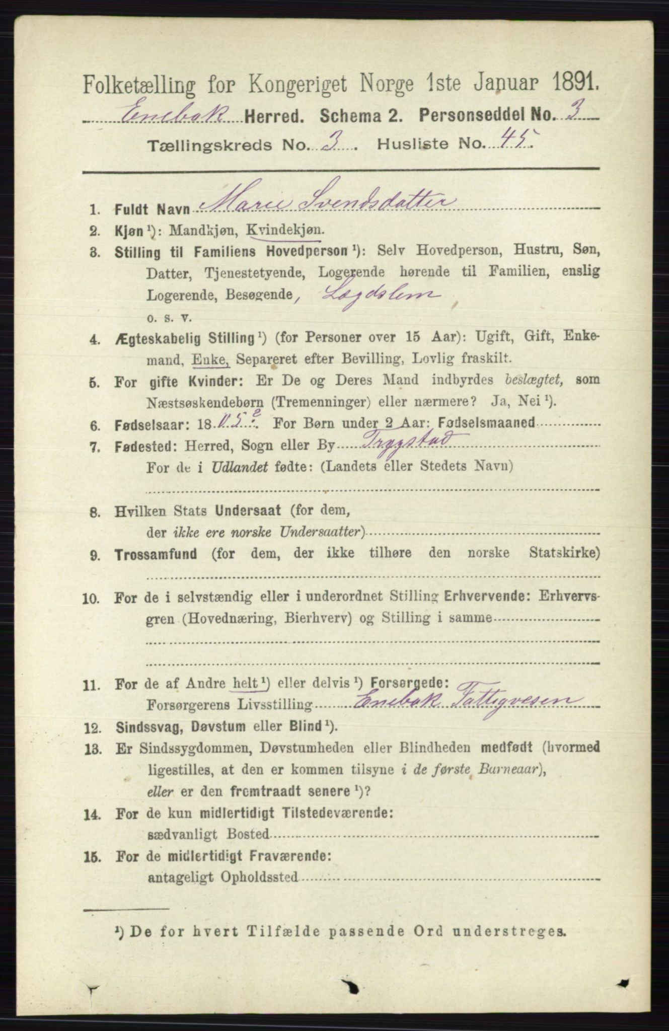 RA, 1891 census for 0229 Enebakk, 1891, p. 1405