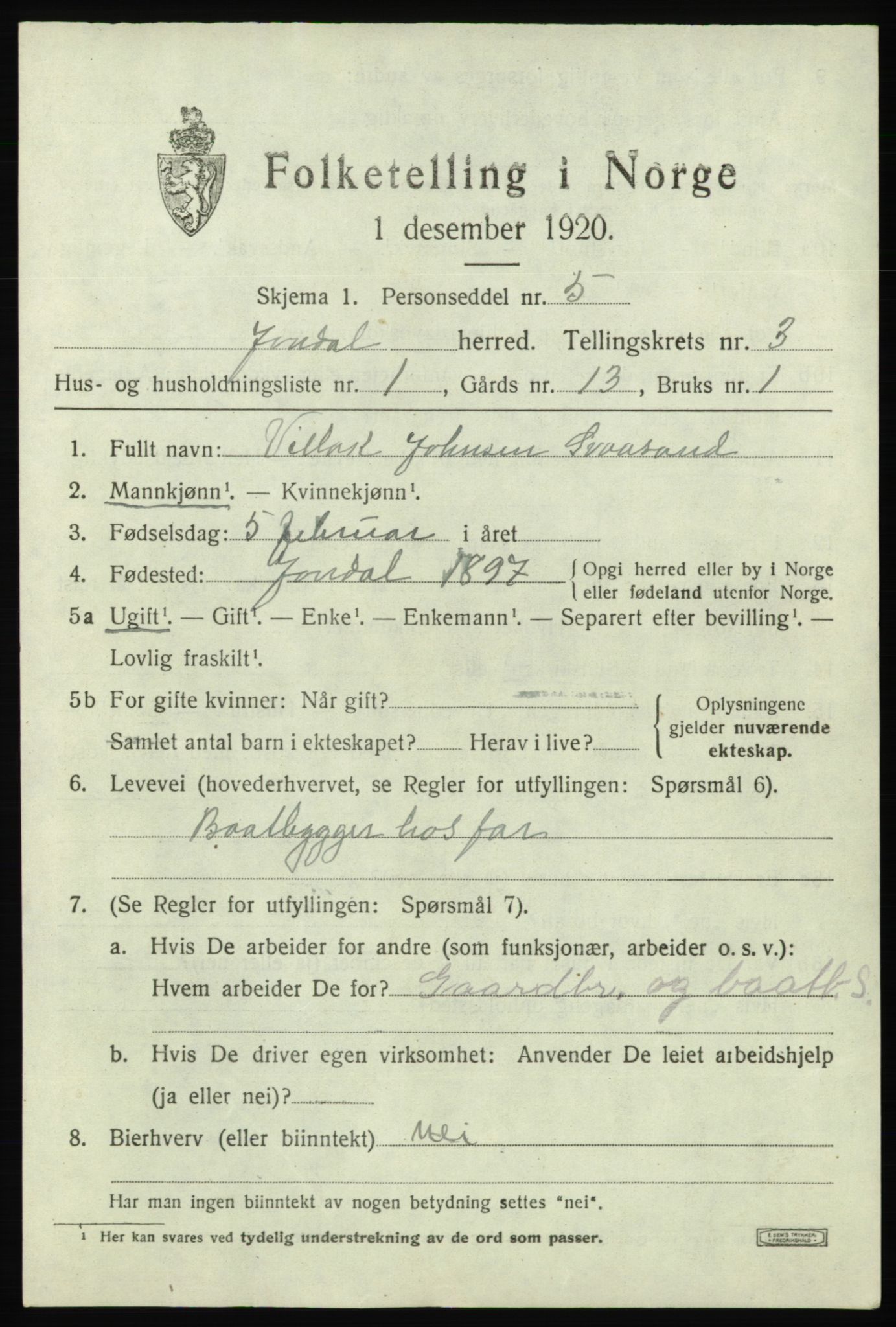 SAB, 1920 census for Jondal, 1920, p. 1754