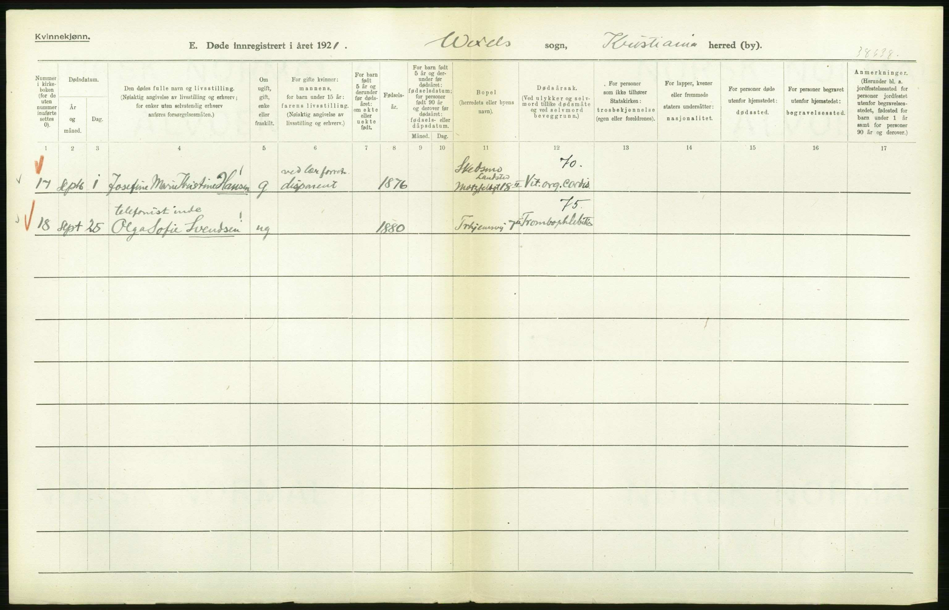 Statistisk sentralbyrå, Sosiodemografiske emner, Befolkning, AV/RA-S-2228/D/Df/Dfc/Dfca/L0013: Kristiania: Døde, dødfødte, 1921, p. 450