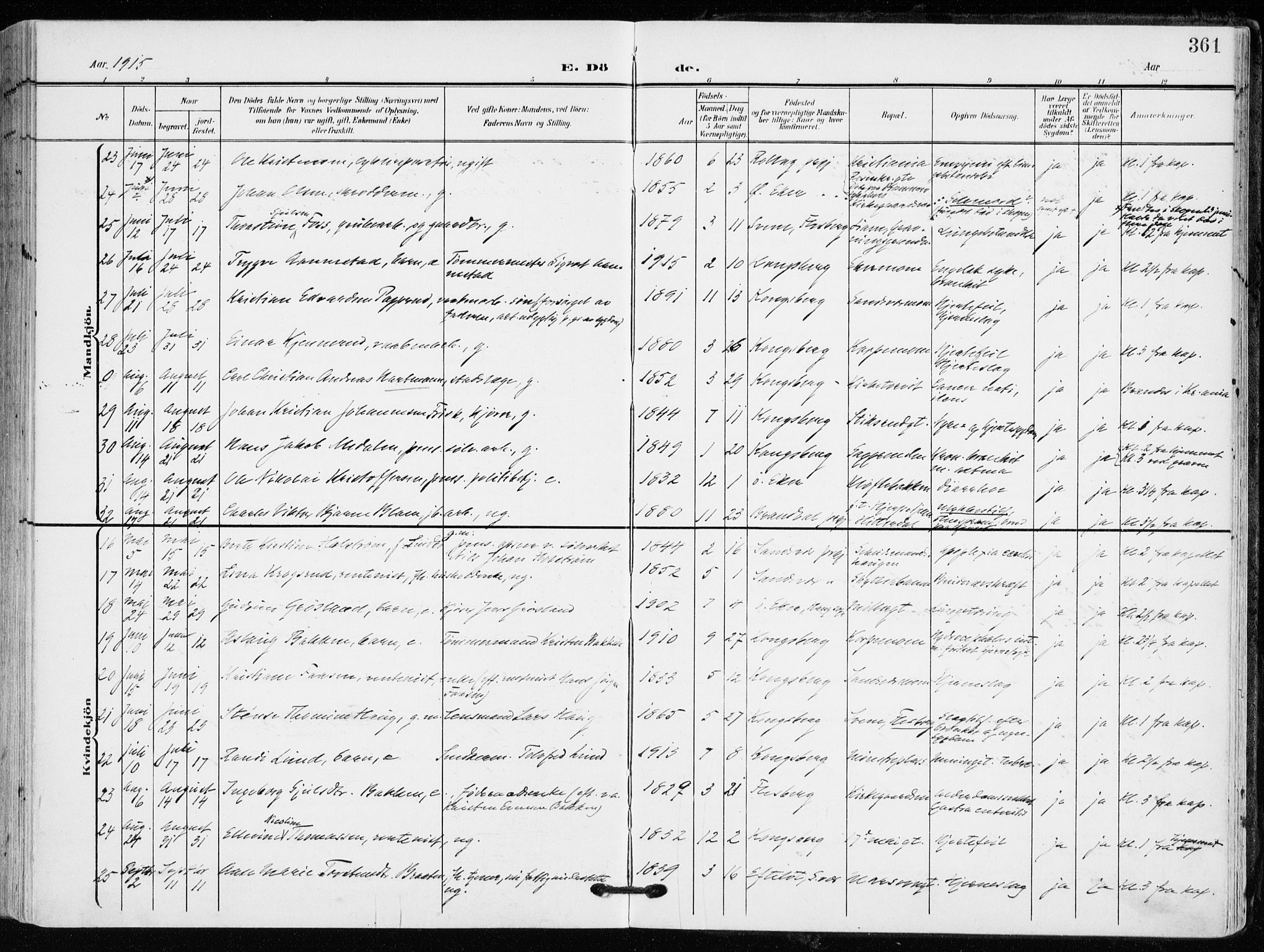 Kongsberg kirkebøker, AV/SAKO-A-22/F/Fb/L0004: Parish register (official) no. II 4, 1906-1918, p. 361