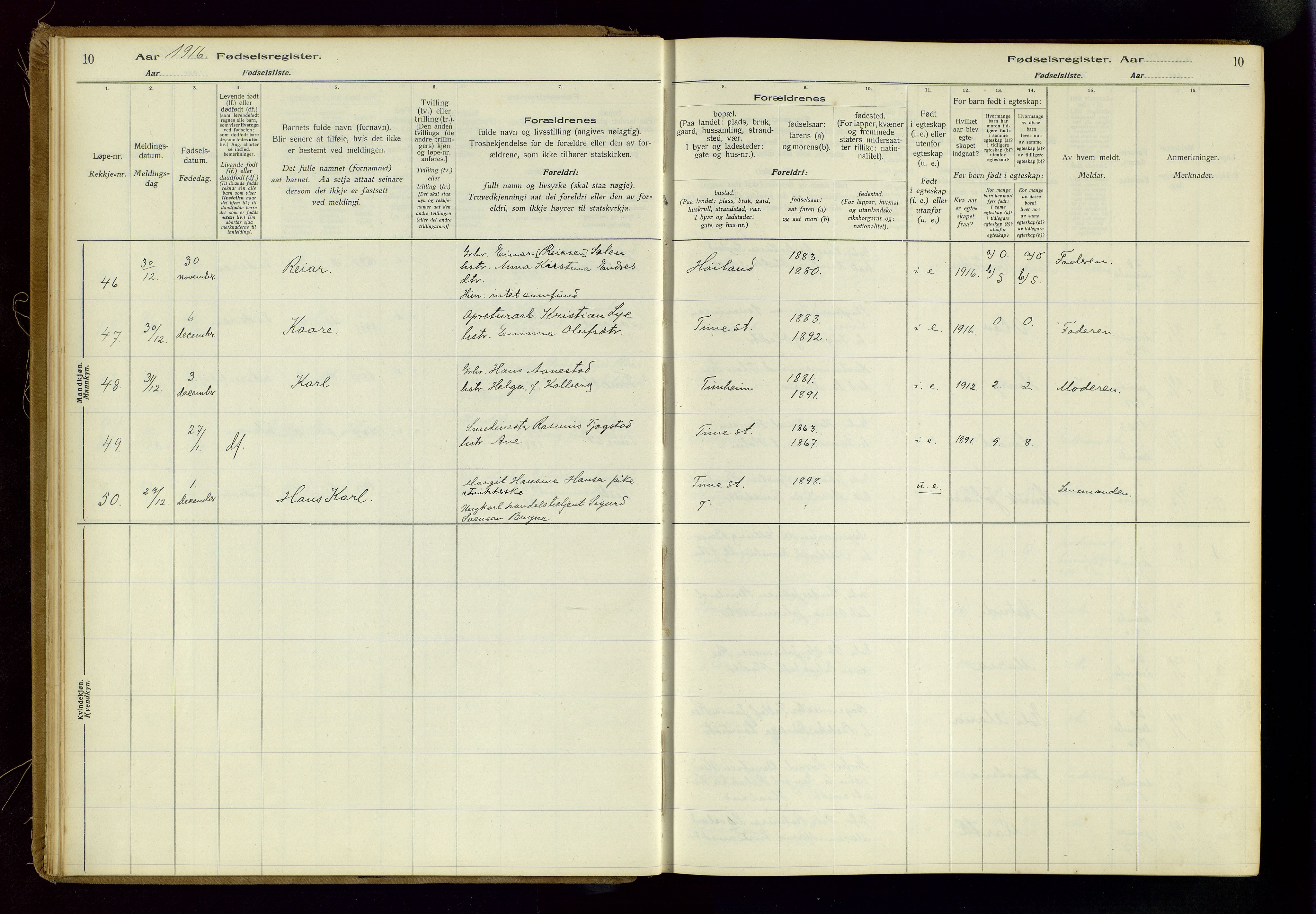 Time sokneprestkontor, AV/SAST-A-101795/001/704BA/L0001: Birth register no. 1, 1916-1934, p. 10