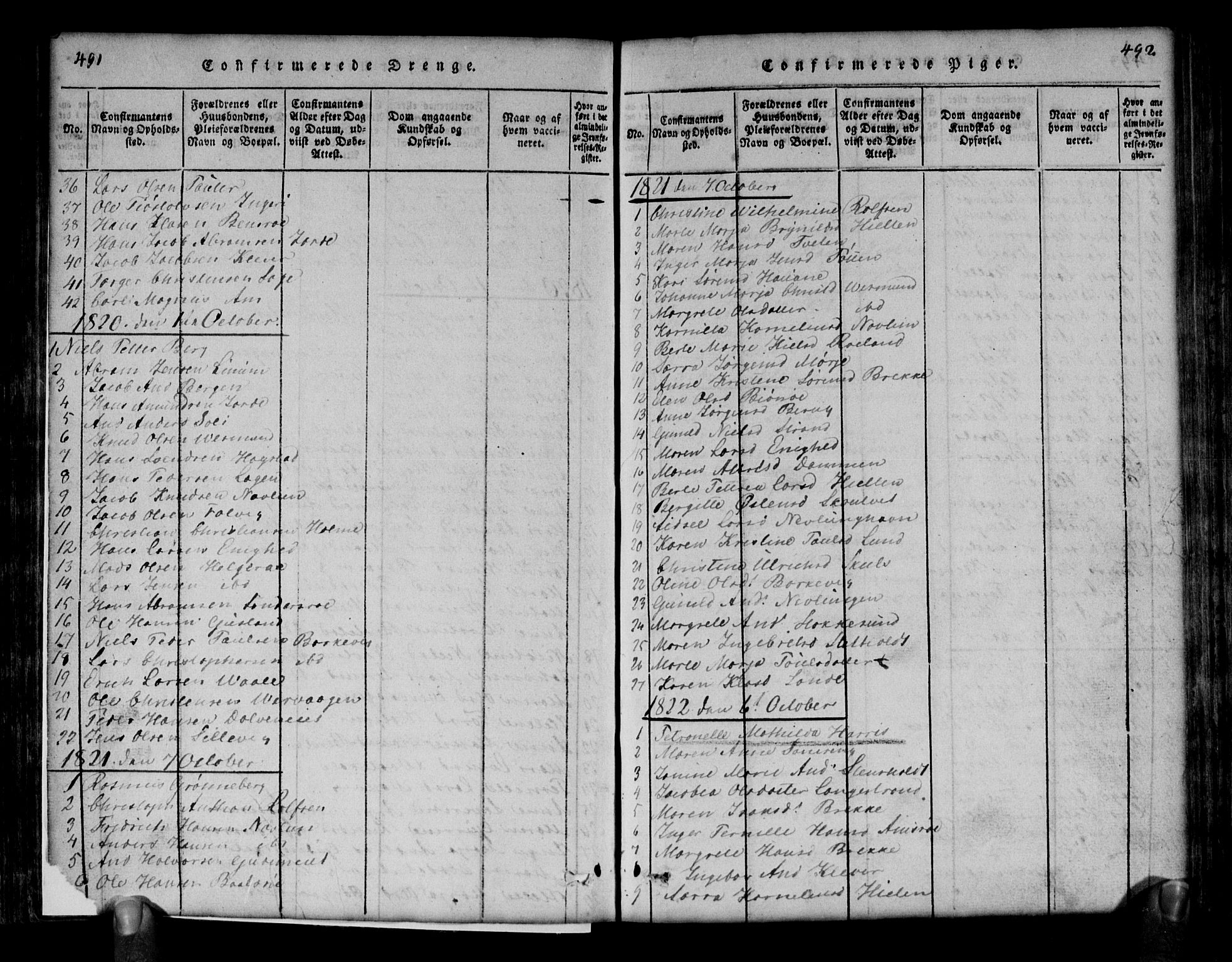 Brunlanes kirkebøker, SAKO/A-342/G/Ga/L0001: Parish register (copy) no. I 1, 1814-1834, p. 491-492