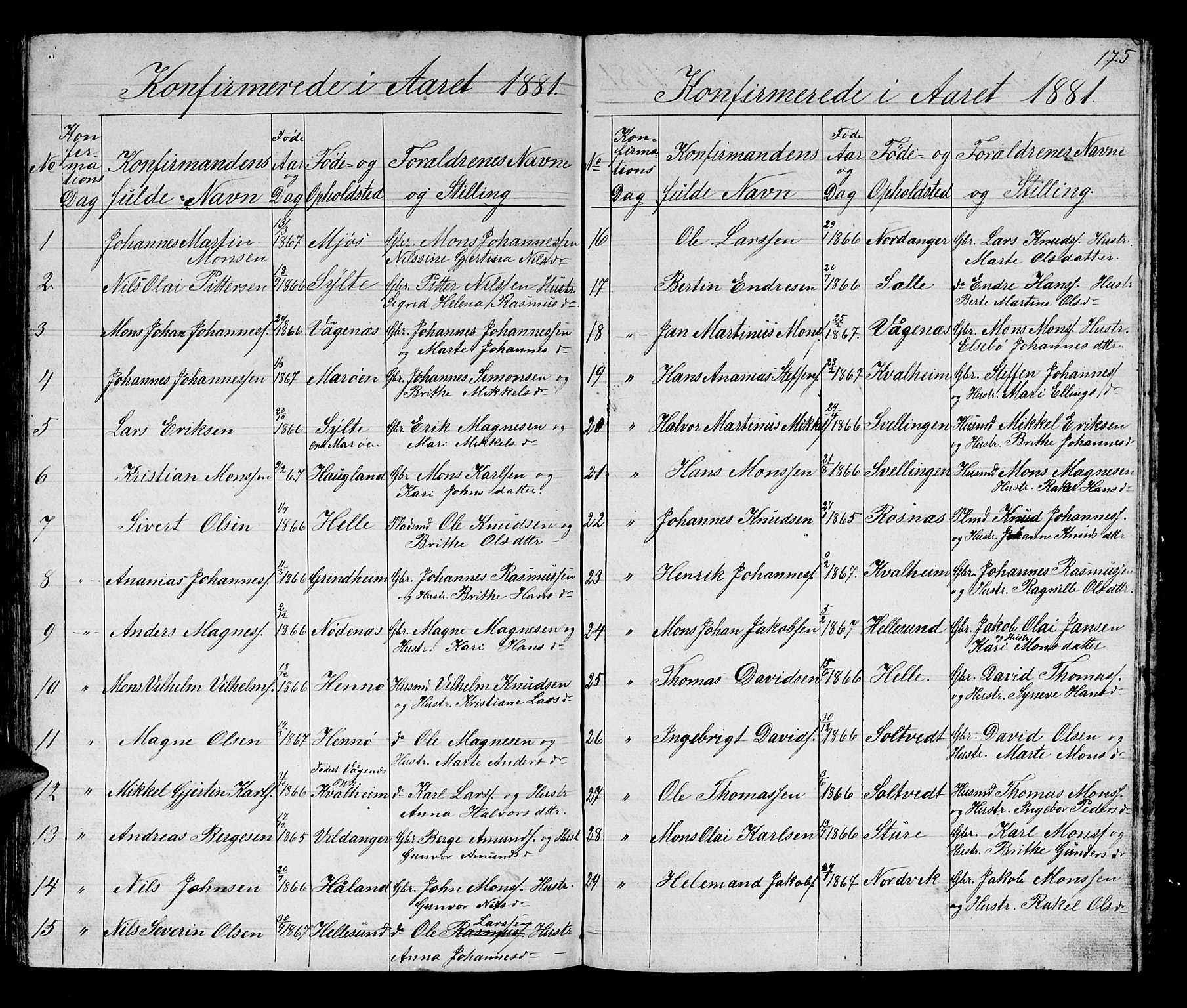 Manger sokneprestembete, SAB/A-76801/H/Hab: Parish register (copy) no. B 1, 1856-1881, p. 175
