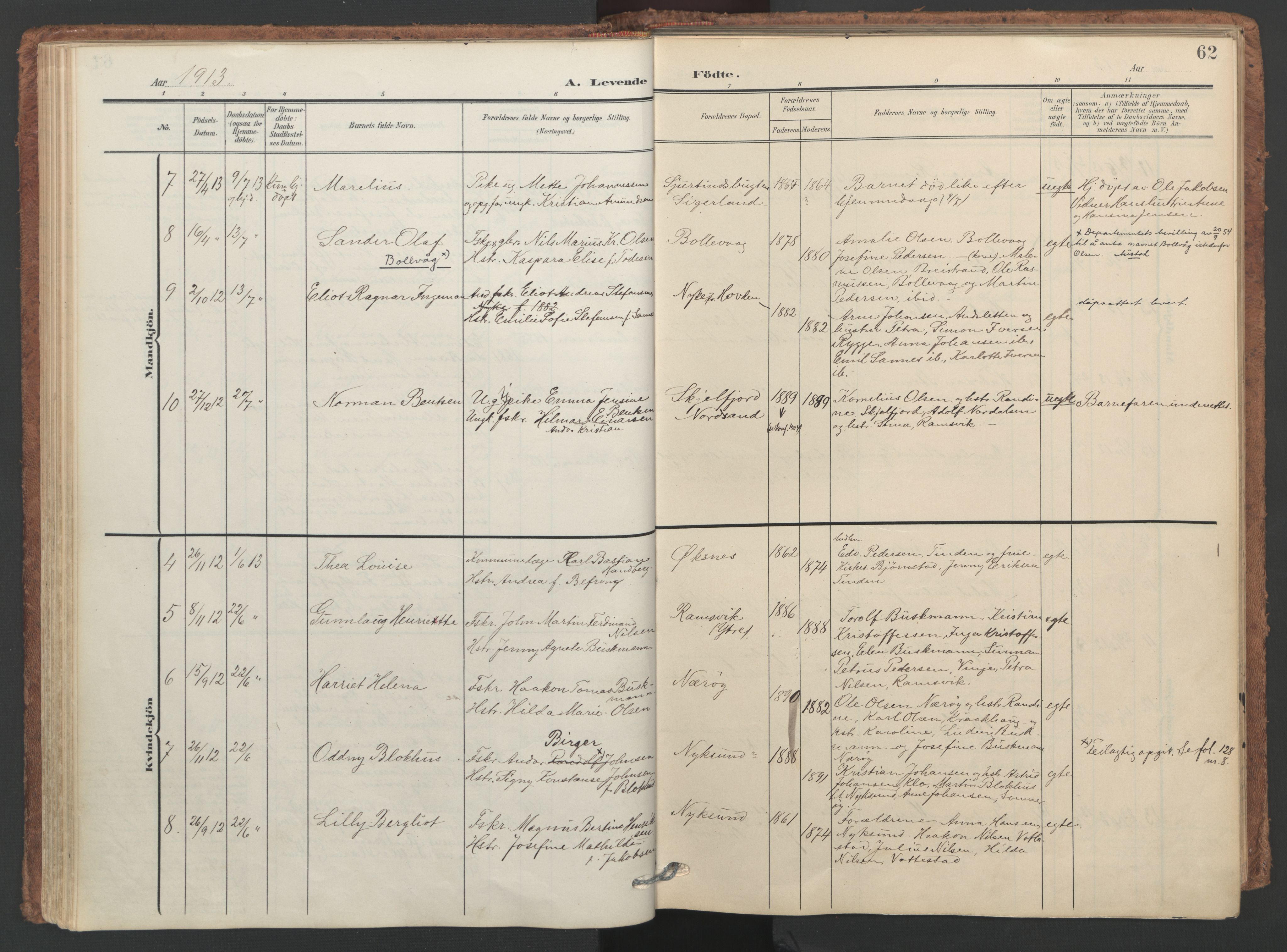 Ministerialprotokoller, klokkerbøker og fødselsregistre - Nordland, SAT/A-1459/893/L1339: Parish register (official) no. 893A11, 1904-1914, p. 62