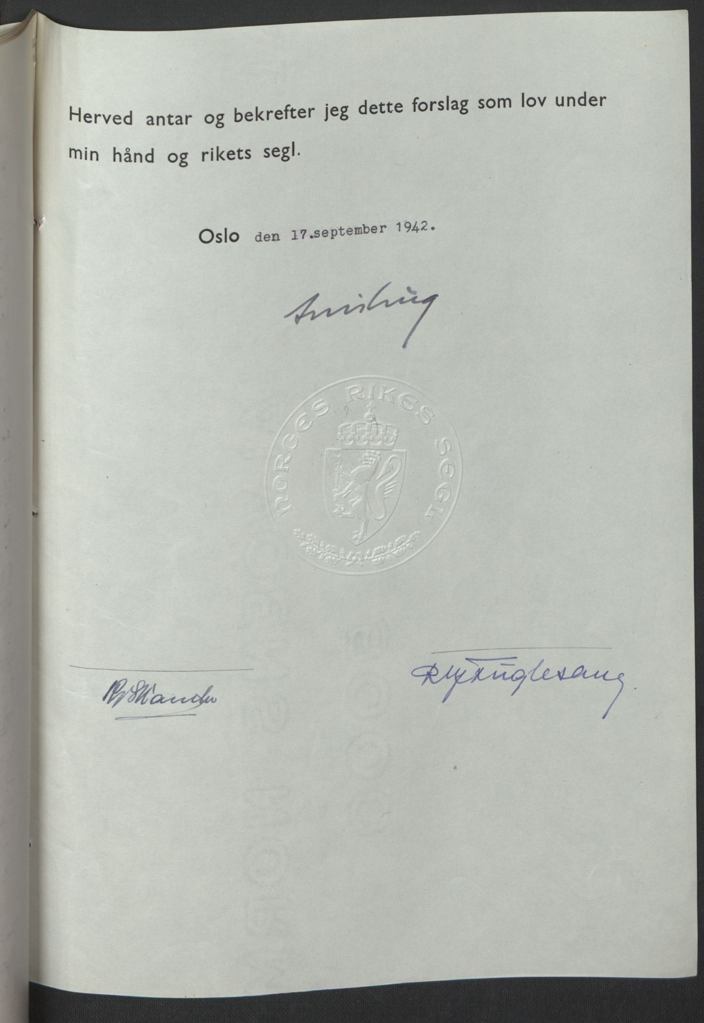 NS-administrasjonen 1940-1945 (Statsrådsekretariatet, de kommisariske statsråder mm), RA/S-4279/D/Db/L0098: Lover II, 1942, p. 387