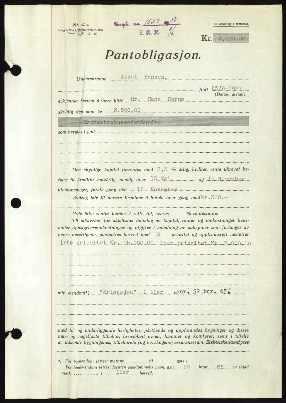 Lier, Røyken og Hurum sorenskriveri, SAKO/A-89/G/Ga/Gab/L0106: Mortgage book no. 106, 1950-1950, Diary no: : 1529/1950