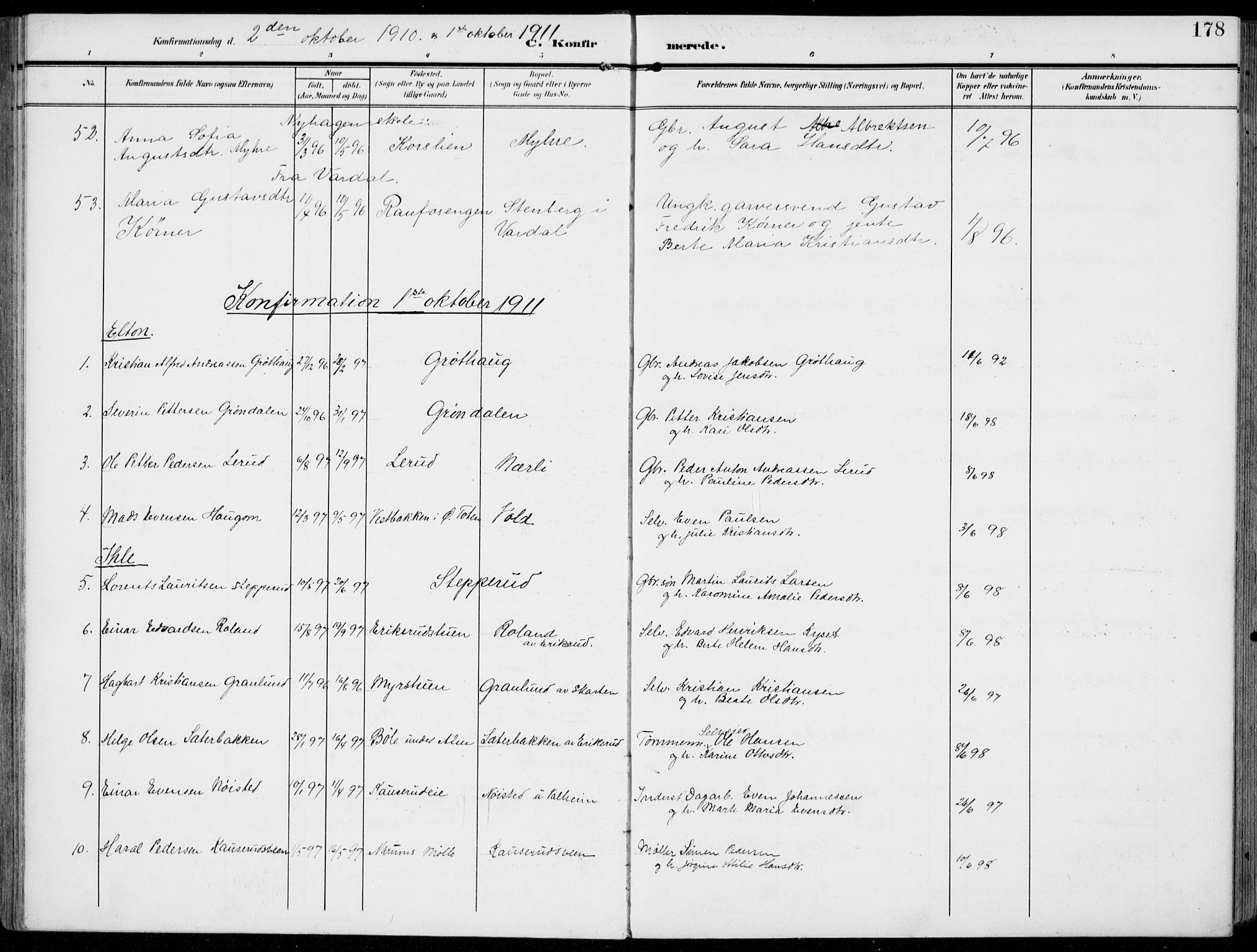 Vestre Toten prestekontor, SAH/PREST-108/H/Ha/Haa/L0014: Parish register (official) no. 14, 1907-1920, p. 178