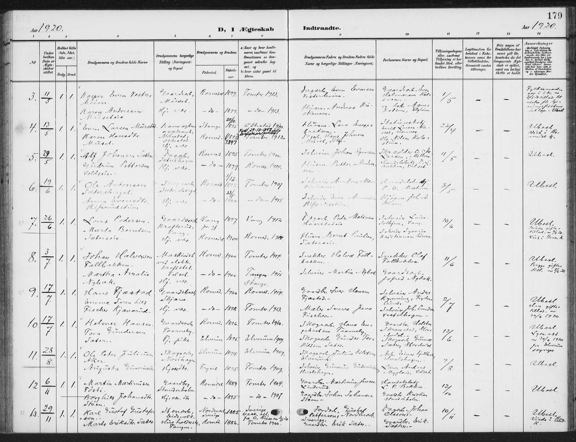 Romedal prestekontor, SAH/PREST-004/K/L0009: Parish register (official) no. 9, 1906-1929, p. 179