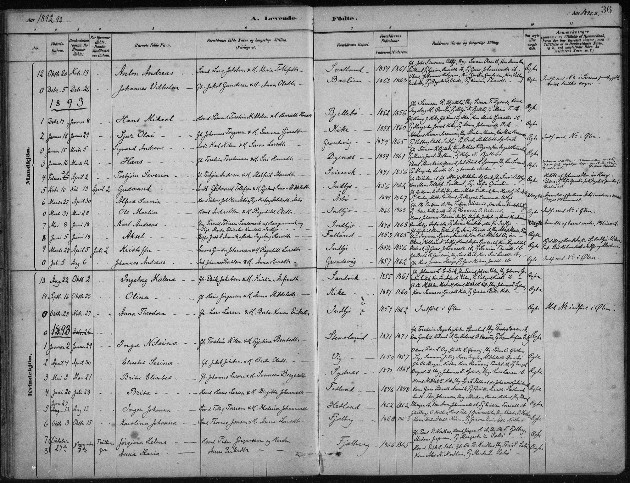 Fjelberg sokneprestembete, SAB/A-75201/H/Haa: Parish register (official) no. B  1, 1879-1919, p. 36