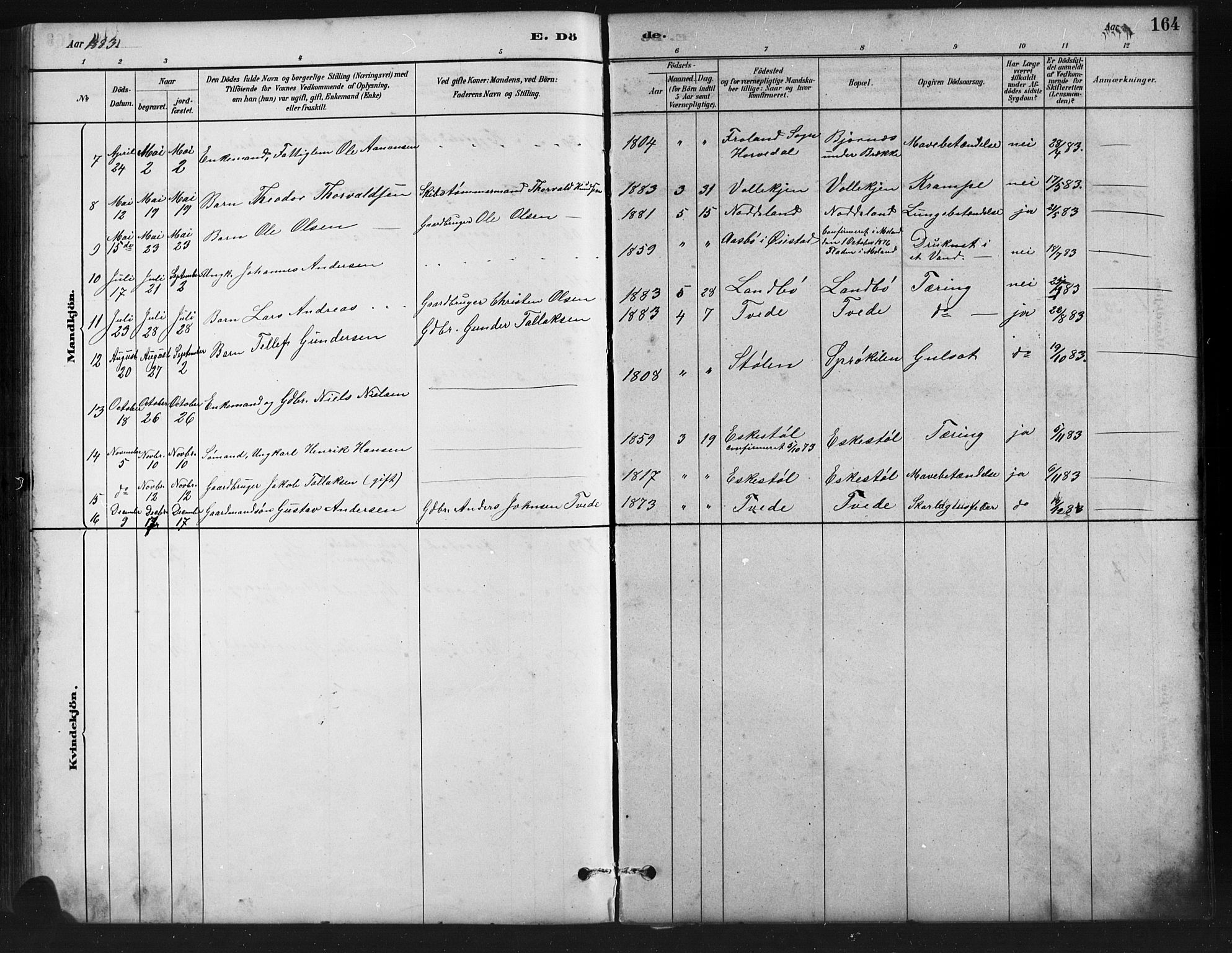 Austre Moland sokneprestkontor, AV/SAK-1111-0001/F/Fb/Fba/L0003: Parish register (copy) no. B 3, 1879-1914, p. 164