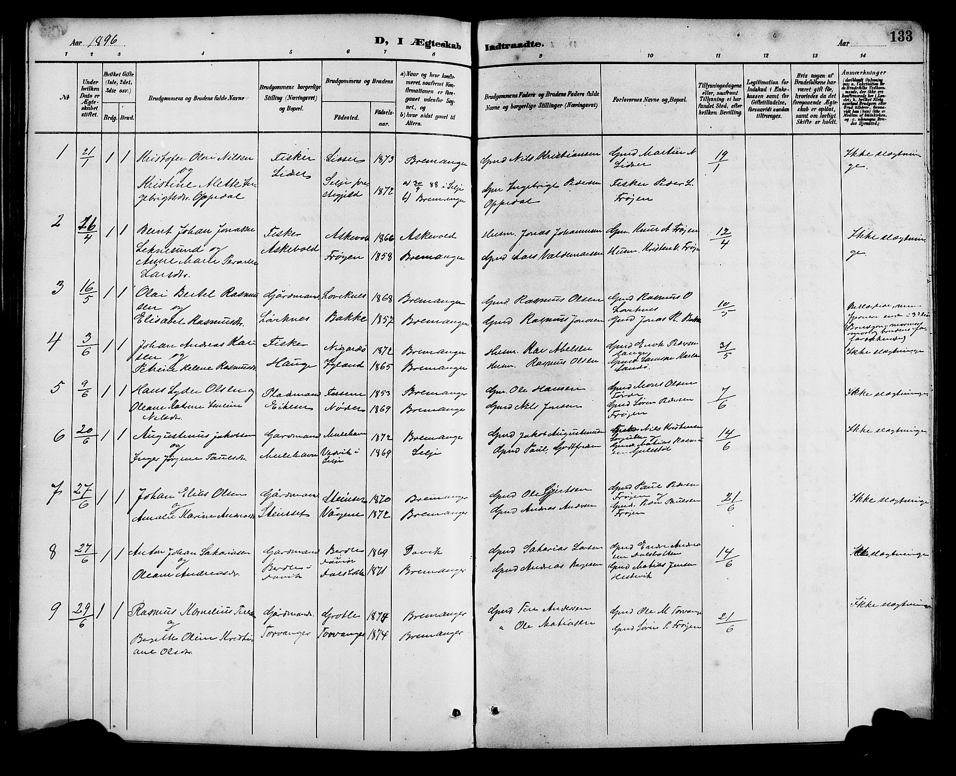 Bremanger sokneprestembete, SAB/A-82201/H/Hab/Haba/L0003: Parish register (copy) no. A 3, 1890-1908, p. 133