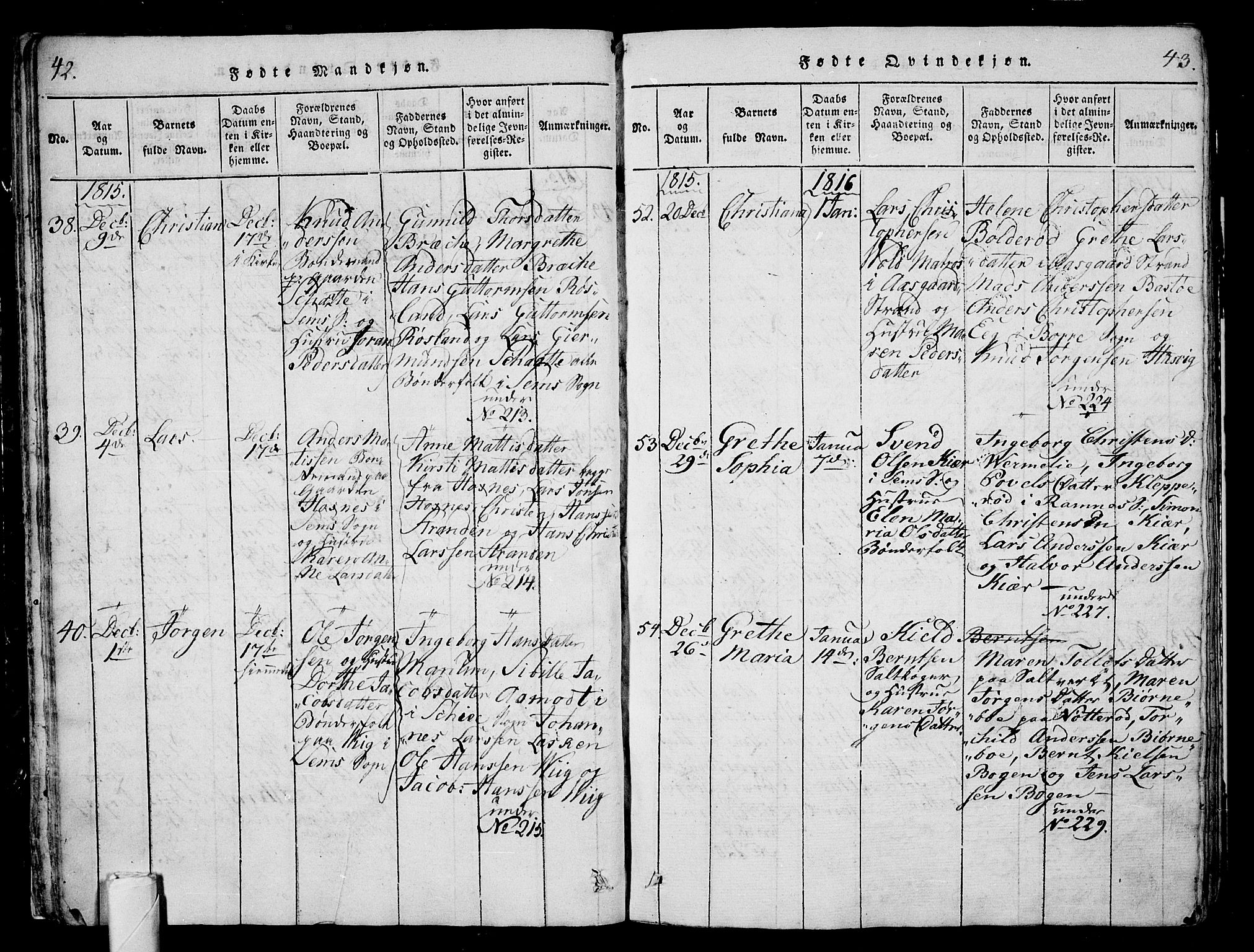 Sem kirkebøker, AV/SAKO-A-5/G/Ga/L0001: Parish register (copy) no. I 1, 1814-1825, p. 42-43