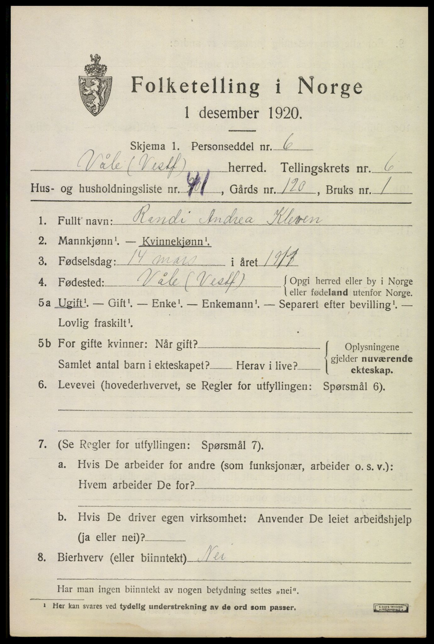 SAKO, 1920 census for Våle, 1920, p. 5386