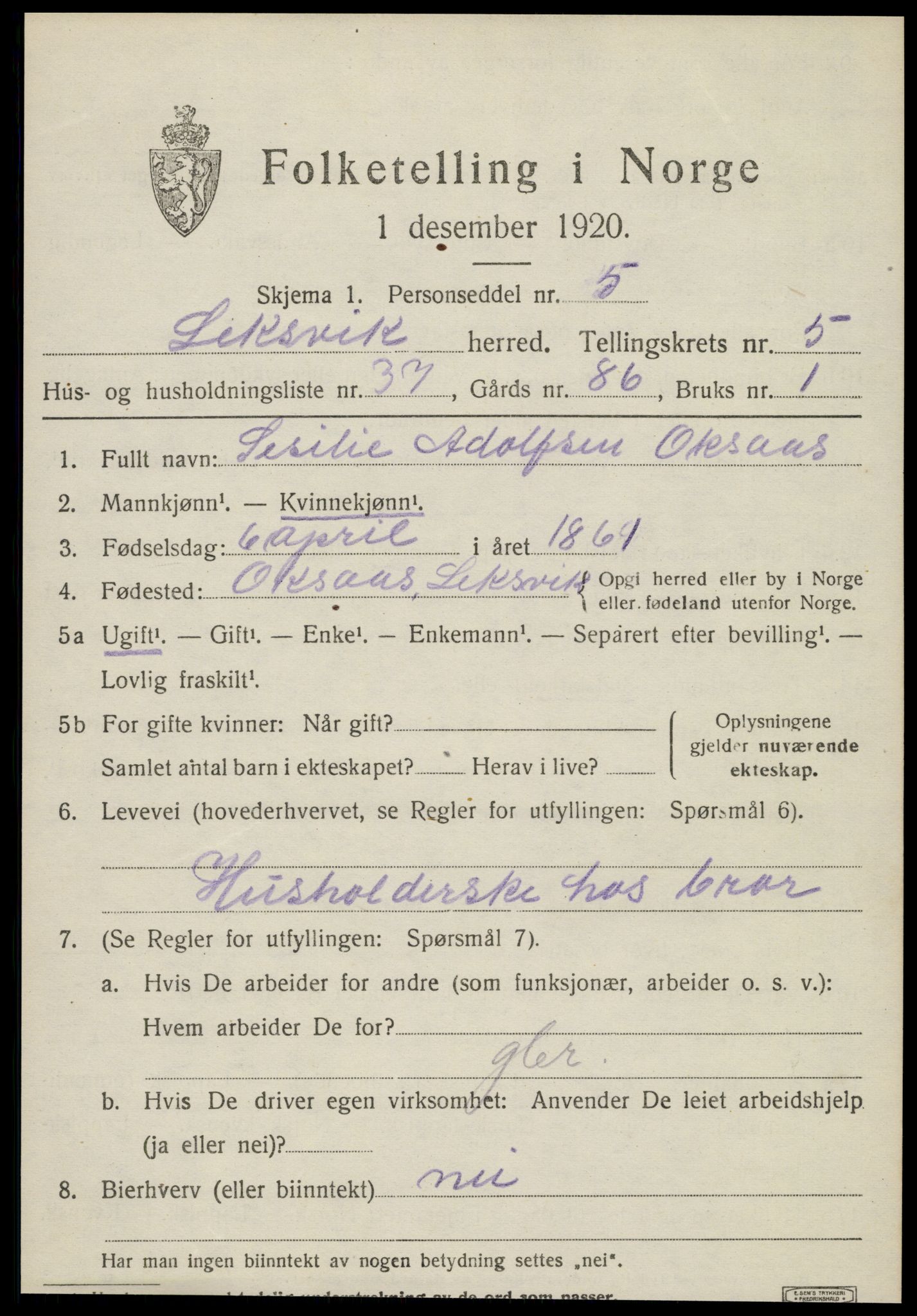 SAT, 1920 census for Leksvik, 1920, p. 5258