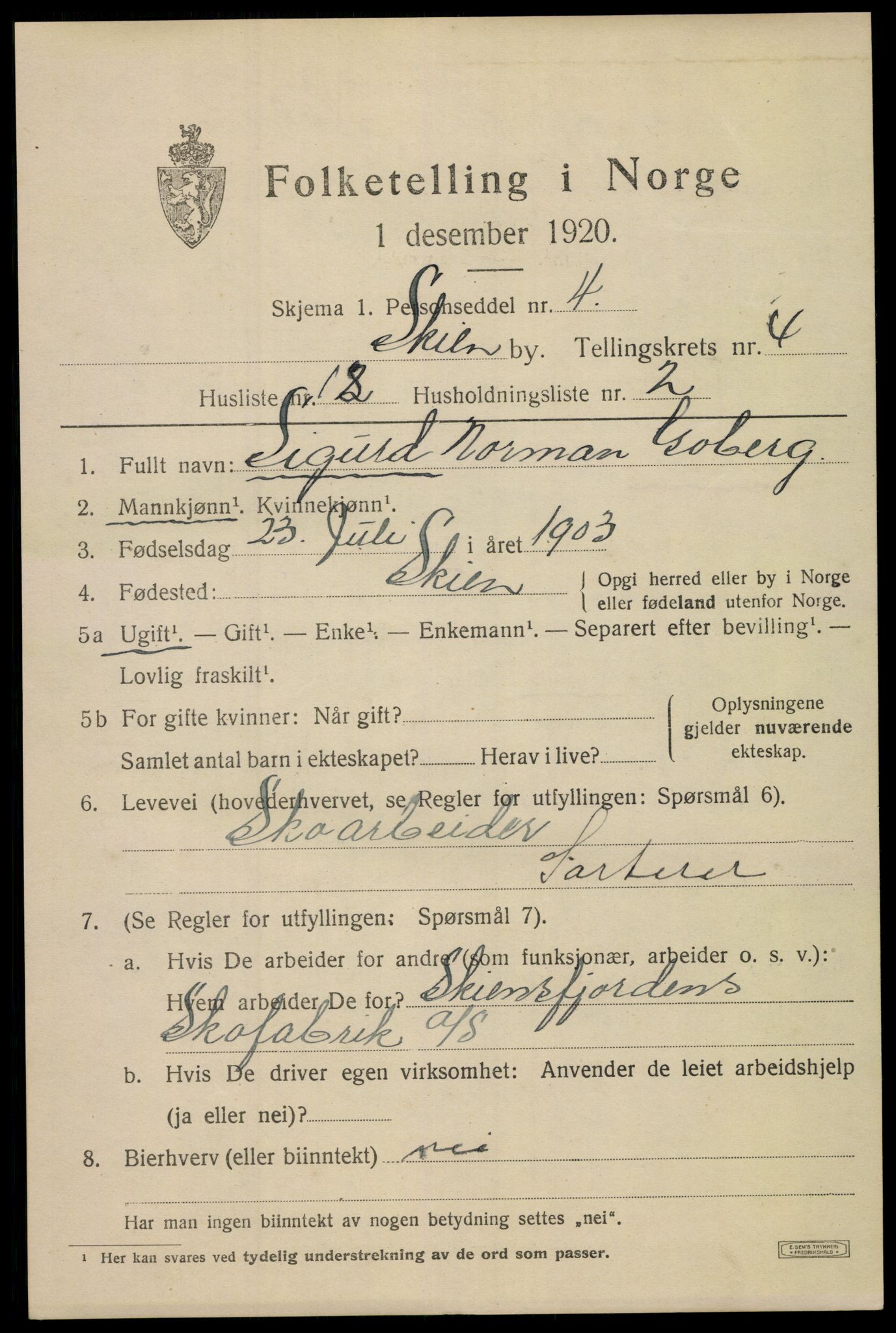 SAKO, 1920 census for Skien, 1920, p. 16932