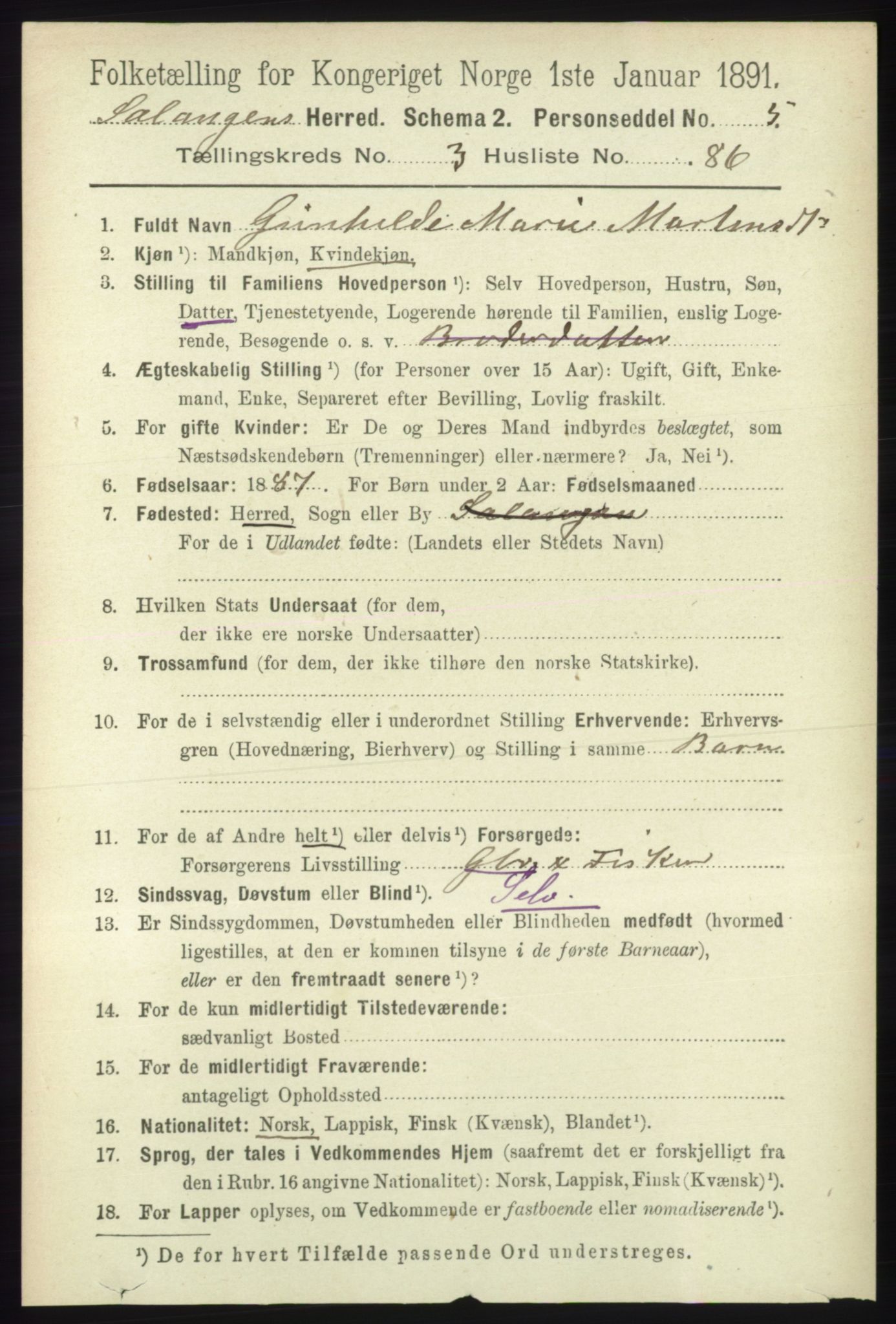 RA, 1891 census for 1921 Salangen, 1891, p. 1717