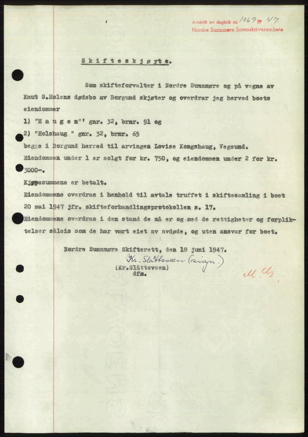 Nordre Sunnmøre sorenskriveri, AV/SAT-A-0006/1/2/2C/2Ca: Mortgage book no. A24, 1947-1947, Diary no: : 1069/1947