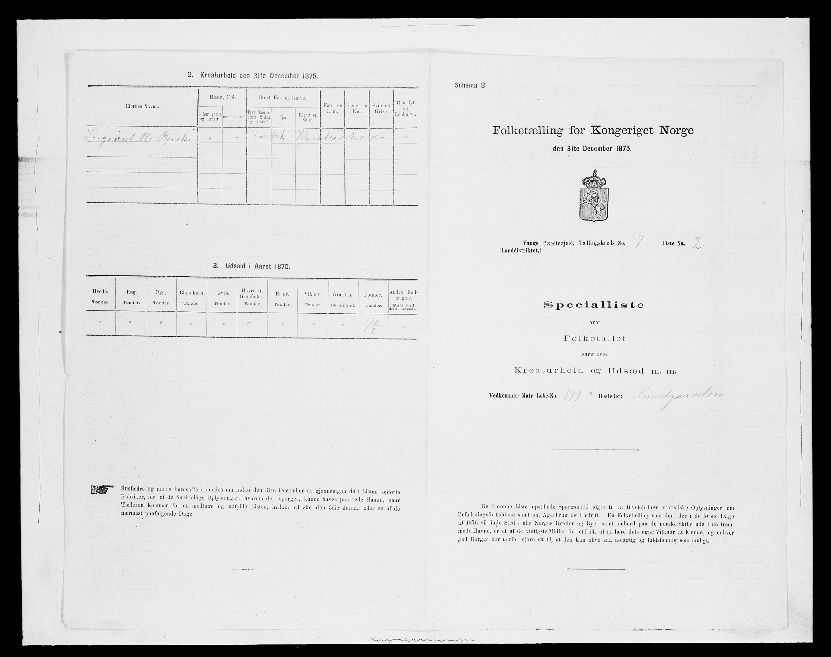 SAH, 1875 census for 0414L Vang/Vang og Furnes, 1875, p. 1464