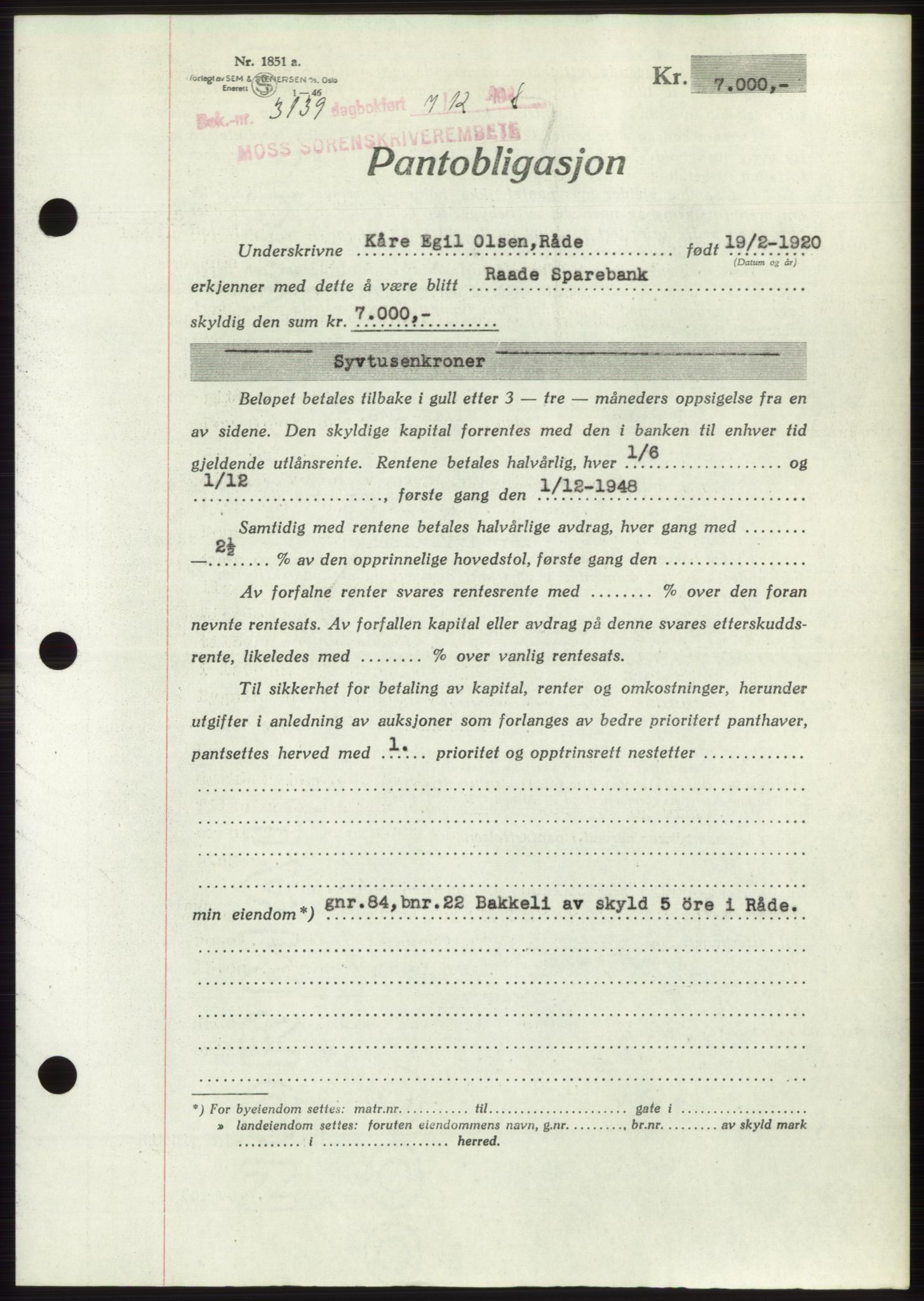 Moss sorenskriveri, AV/SAO-A-10168: Mortgage book no. B20, 1948-1948, Diary no: : 3139/1948