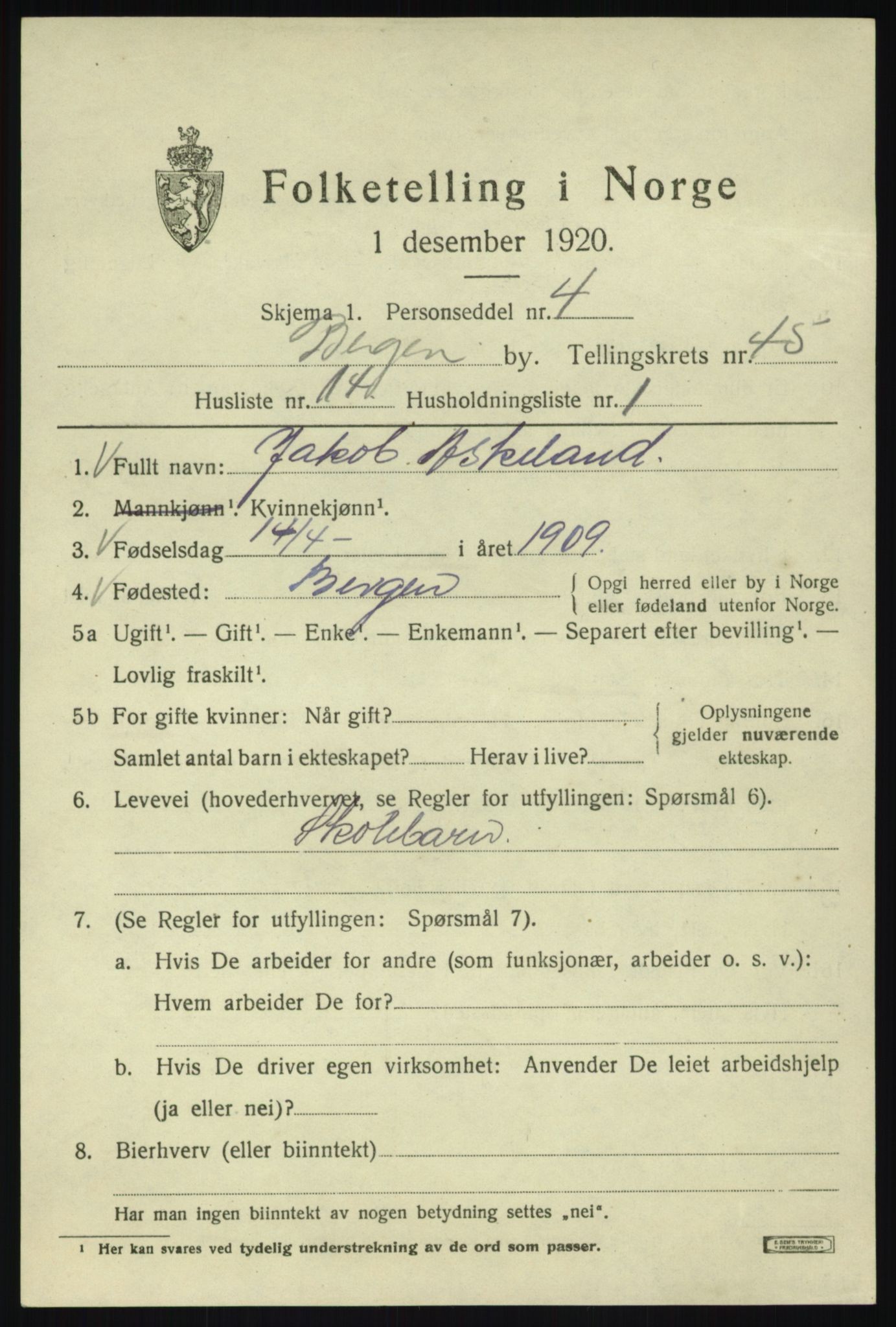 SAB, 1920 census for Bergen, 1920, p. 114168