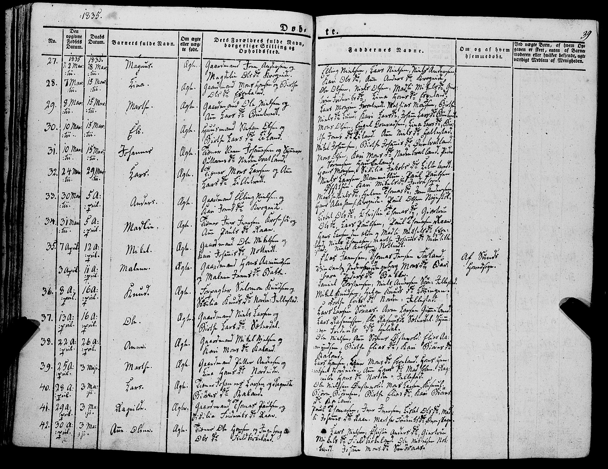 Fana Sokneprestembete, AV/SAB-A-75101/H/Haa/Haaa/L0008: Parish register (official) no. A 8, 1829-1851, p. 39