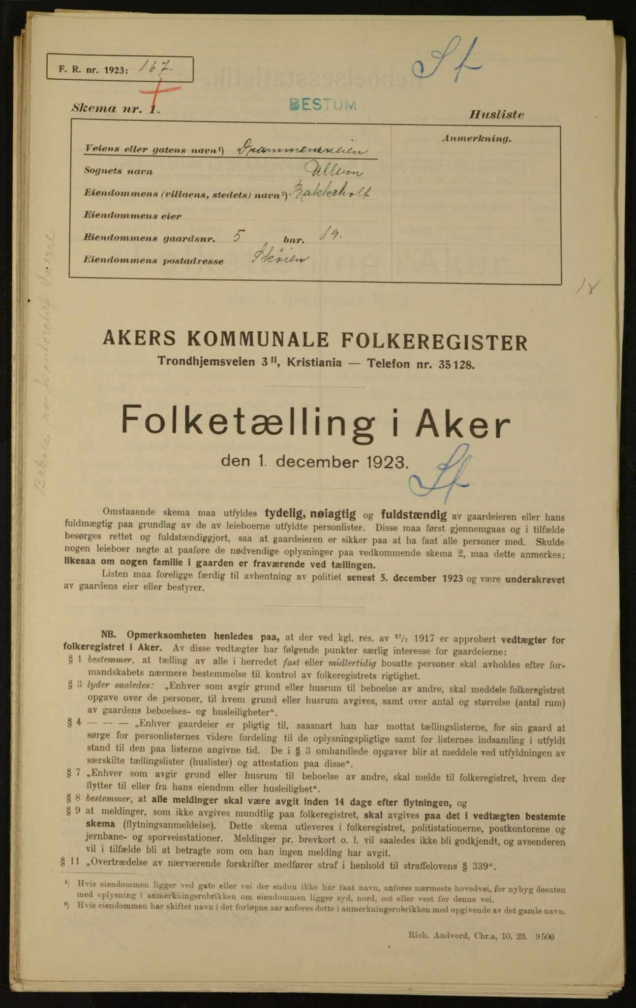 , Municipal Census 1923 for Aker, 1923, p. 1007