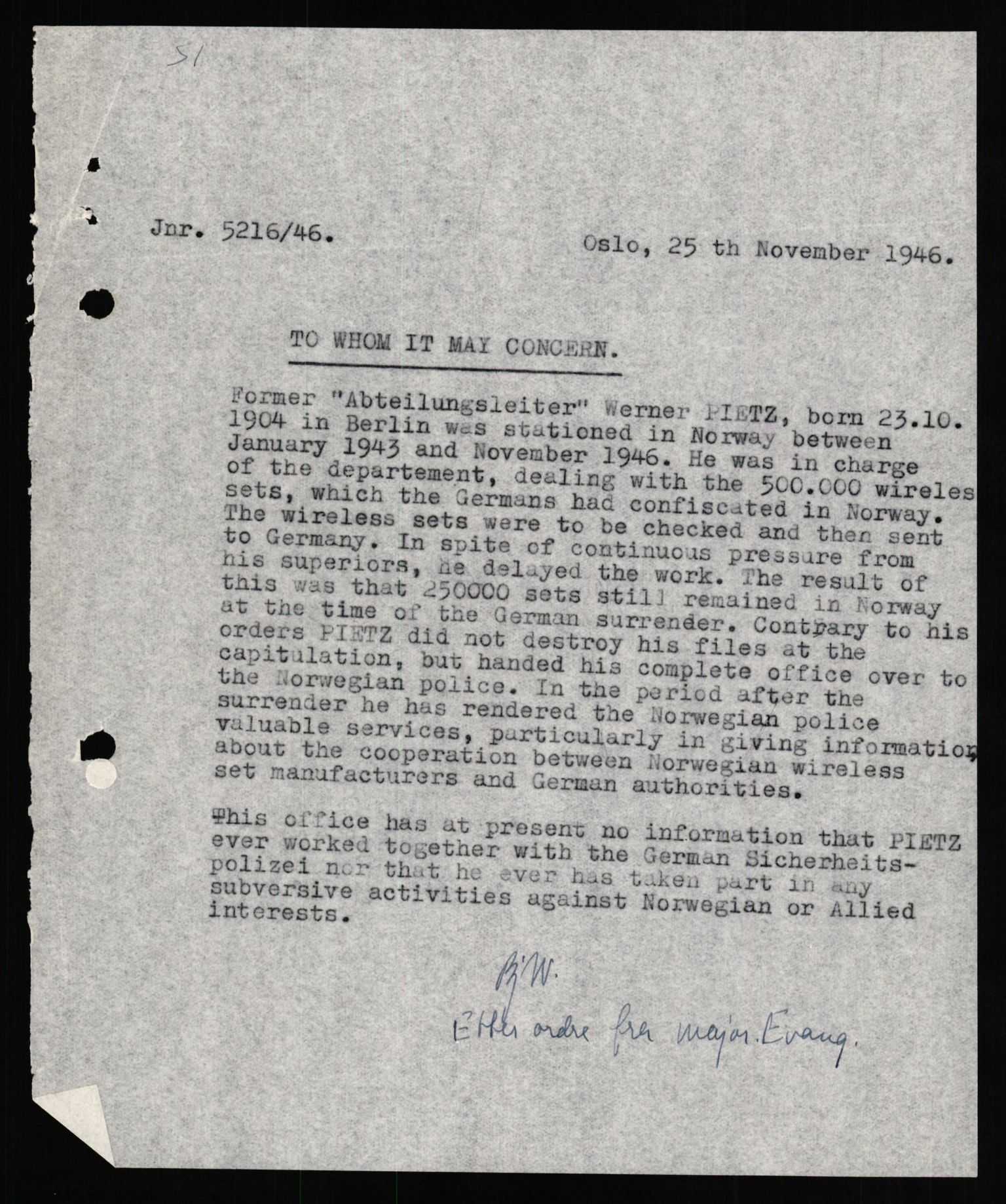 Forsvaret, Forsvarets overkommando II, AV/RA-RAFA-3915/D/Db/L0026: CI Questionaires. Tyske okkupasjonsstyrker i Norge. Tyskere., 1945-1946, p. 195