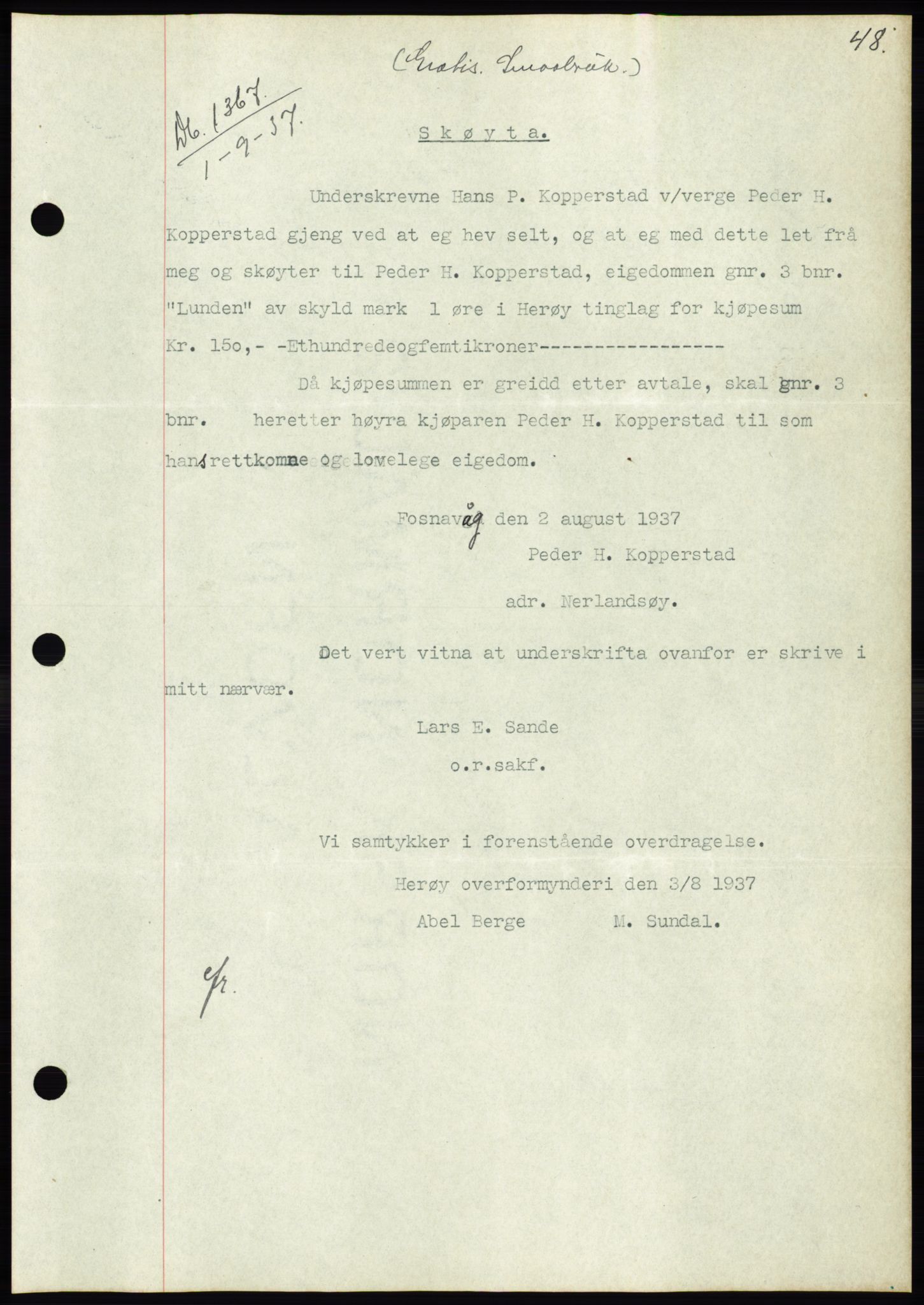 Søre Sunnmøre sorenskriveri, AV/SAT-A-4122/1/2/2C/L0064: Mortgage book no. 58, 1937-1938, Diary no: : 1367/1937