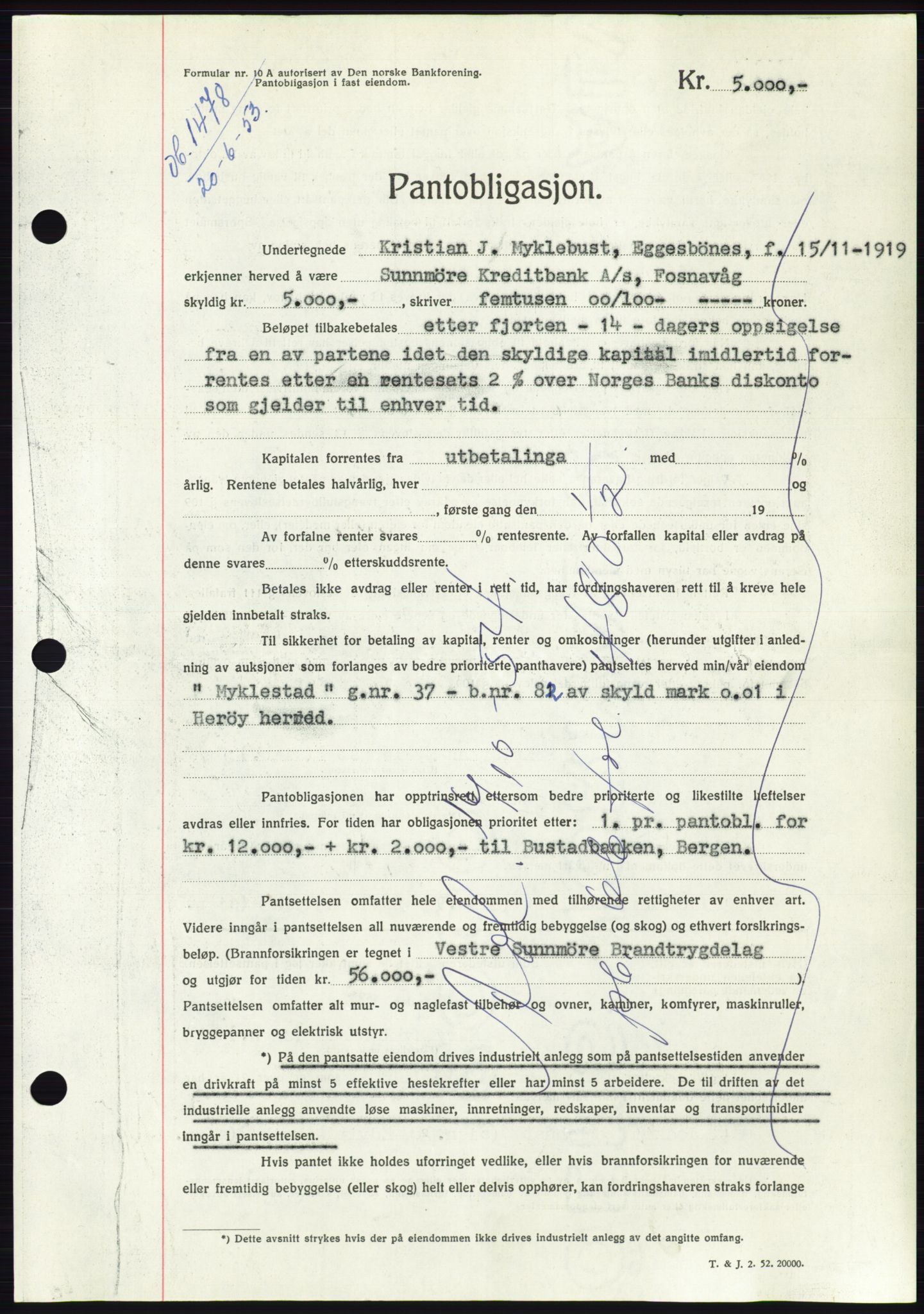 Søre Sunnmøre sorenskriveri, AV/SAT-A-4122/1/2/2C/L0123: Mortgage book no. 11B, 1953-1953, Diary no: : 1478/1953