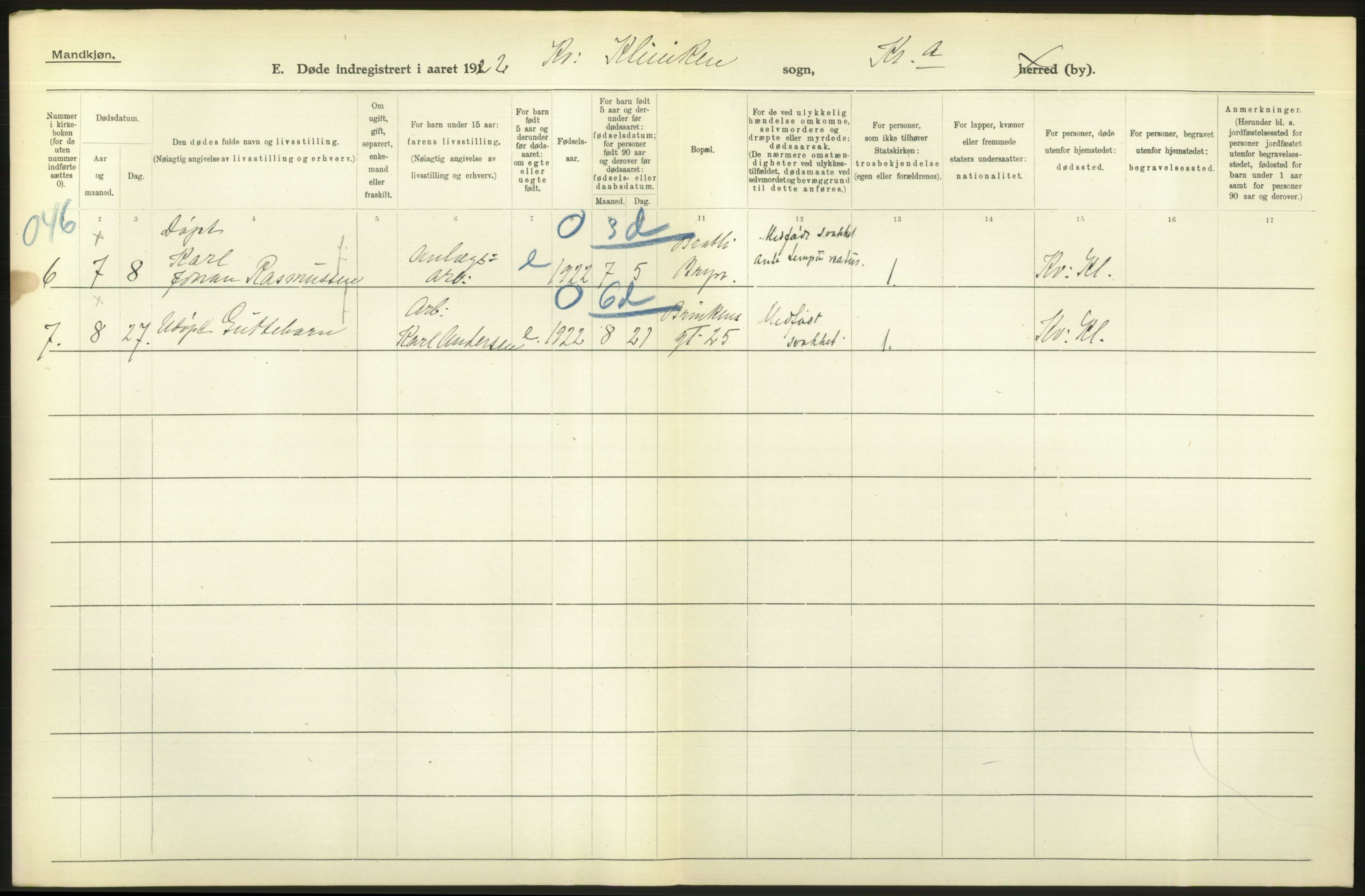 Statistisk sentralbyrå, Sosiodemografiske emner, Befolkning, AV/RA-S-2228/D/Df/Dfc/Dfcb/L0010: Kristiania: Døde, dødfødte, 1922, p. 632