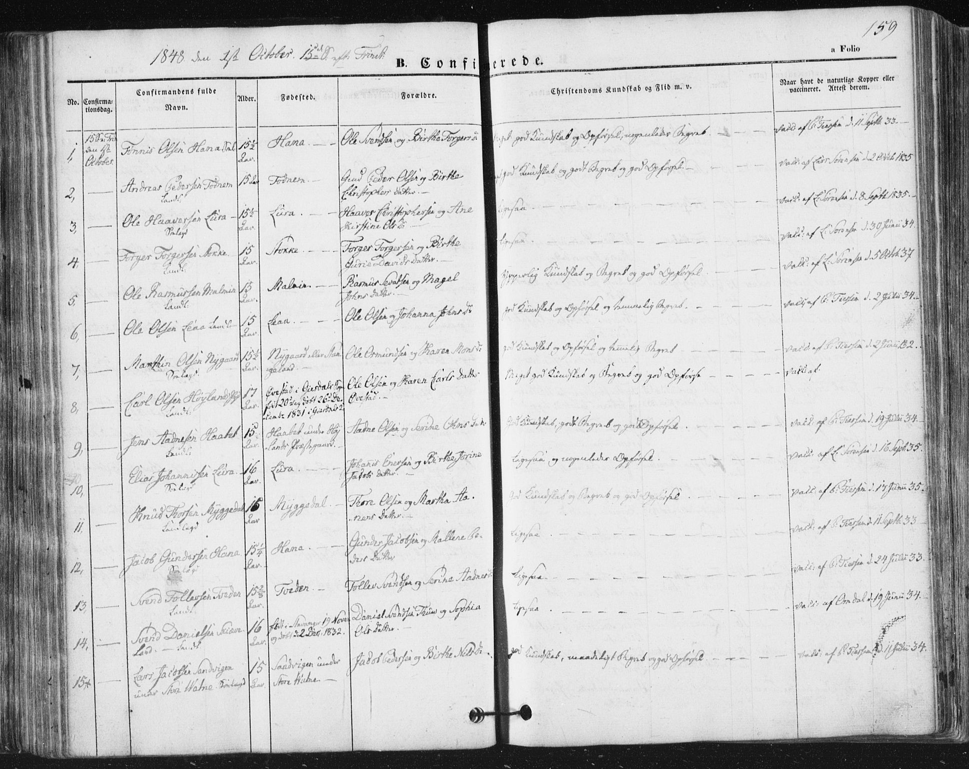 Høyland sokneprestkontor, SAST/A-101799/001/30BA/L0008: Parish register (official) no. A 8, 1841-1856, p. 159