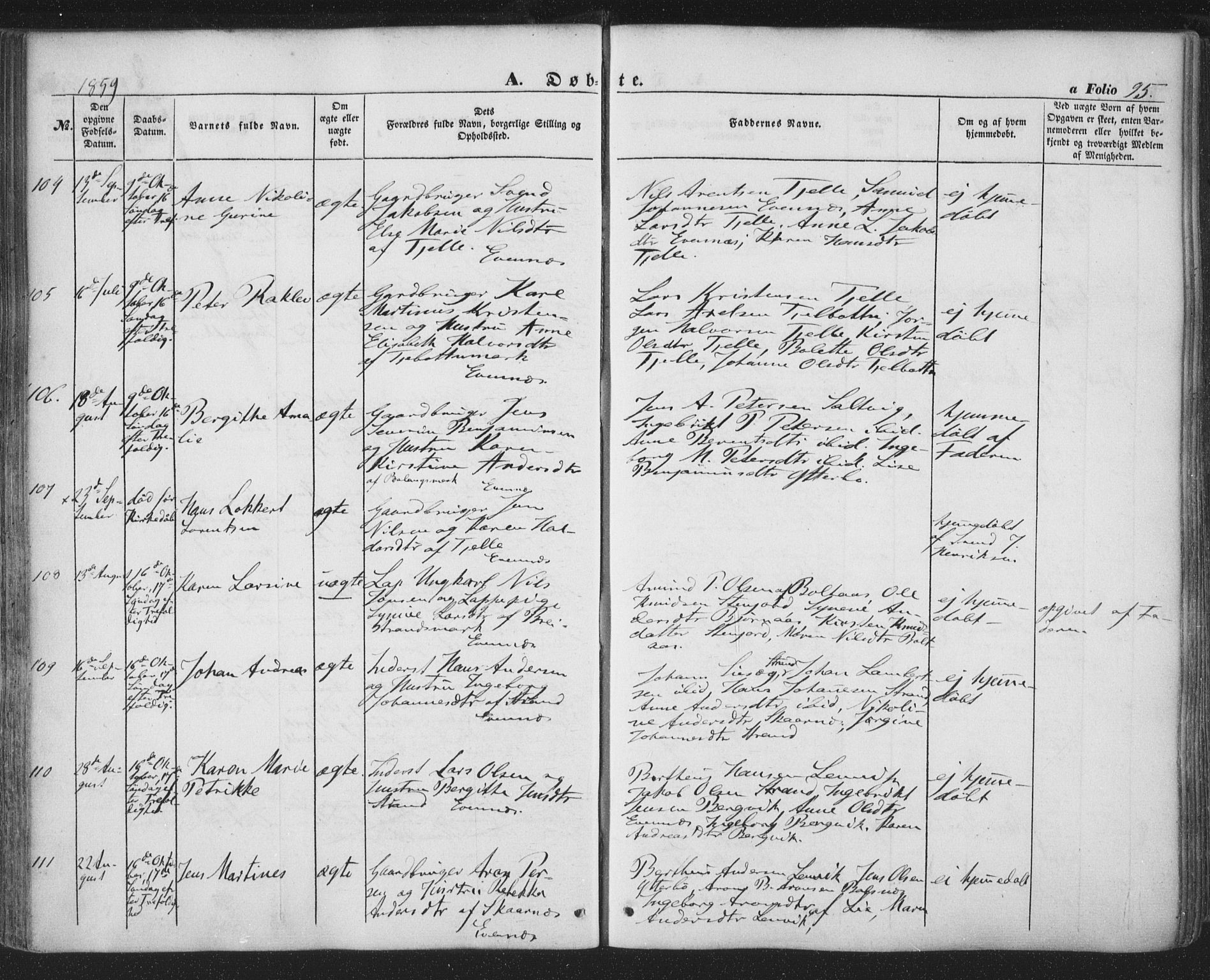 Ministerialprotokoller, klokkerbøker og fødselsregistre - Nordland, SAT/A-1459/863/L0895: Parish register (official) no. 863A07, 1851-1860, p. 95