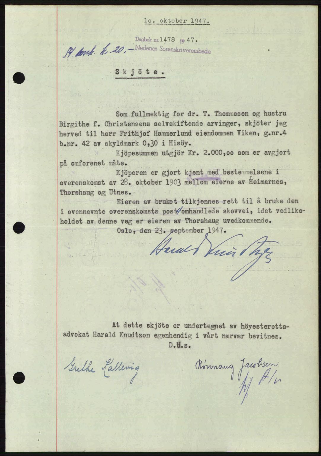 Nedenes sorenskriveri, SAK/1221-0006/G/Gb/Gba/L0058: Mortgage book no. A10, 1947-1948, Diary no: : 1478/1947