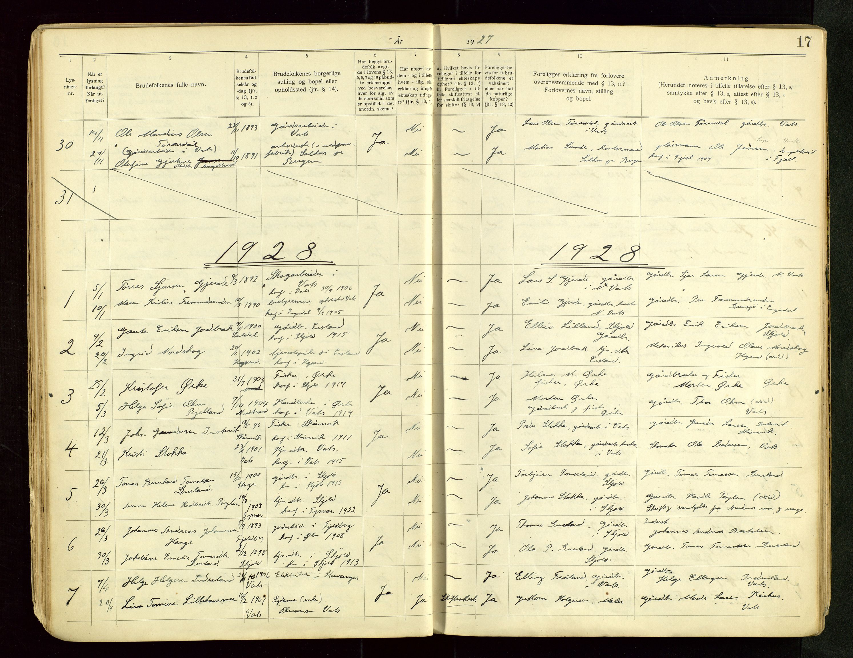 Skjold sokneprestkontor, AV/SAST-A-101847/I/Ie/L0001: Banns register no. 1, 1919-1966, p. 17