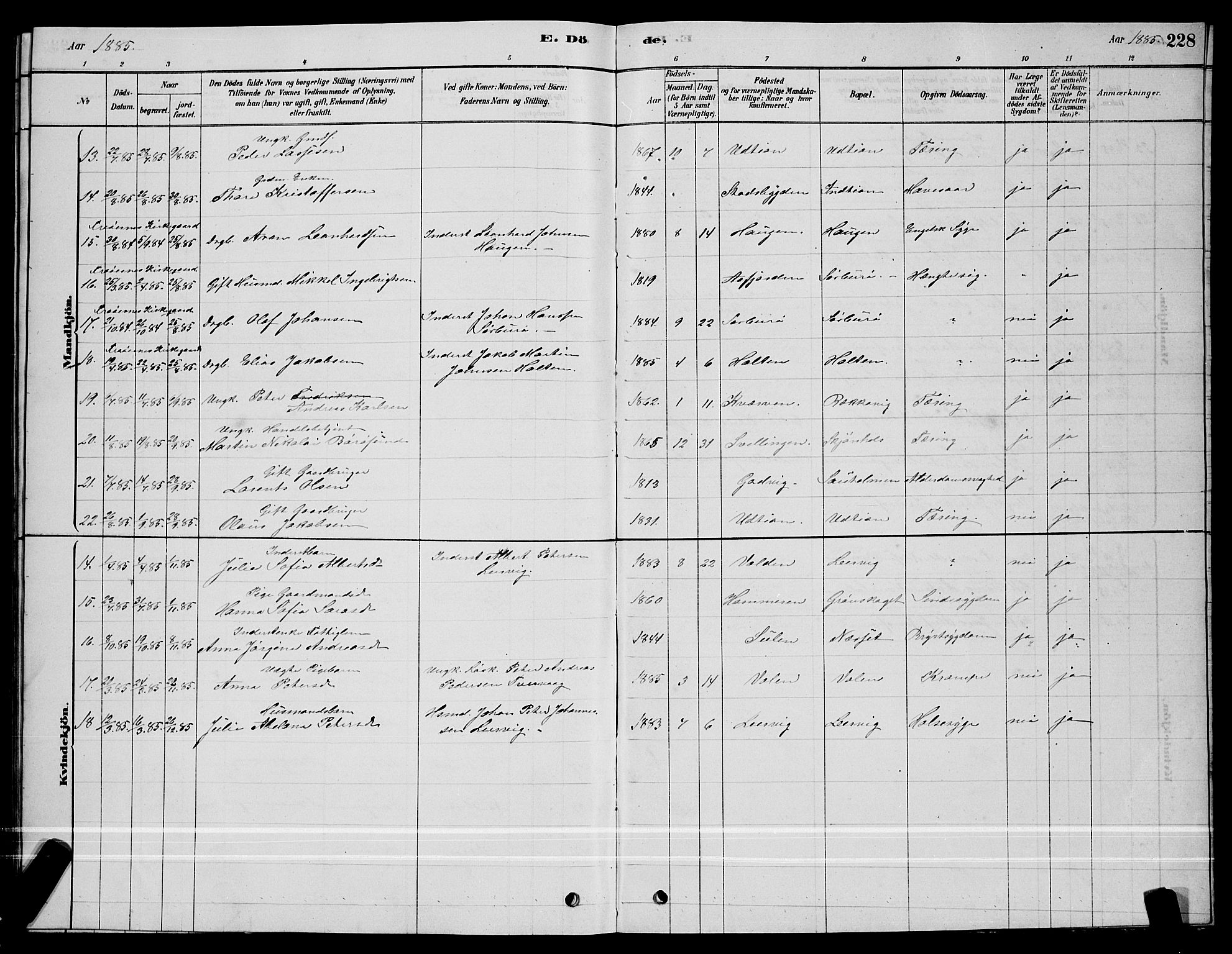 Ministerialprotokoller, klokkerbøker og fødselsregistre - Sør-Trøndelag, SAT/A-1456/640/L0585: Parish register (copy) no. 640C03, 1878-1891, p. 228