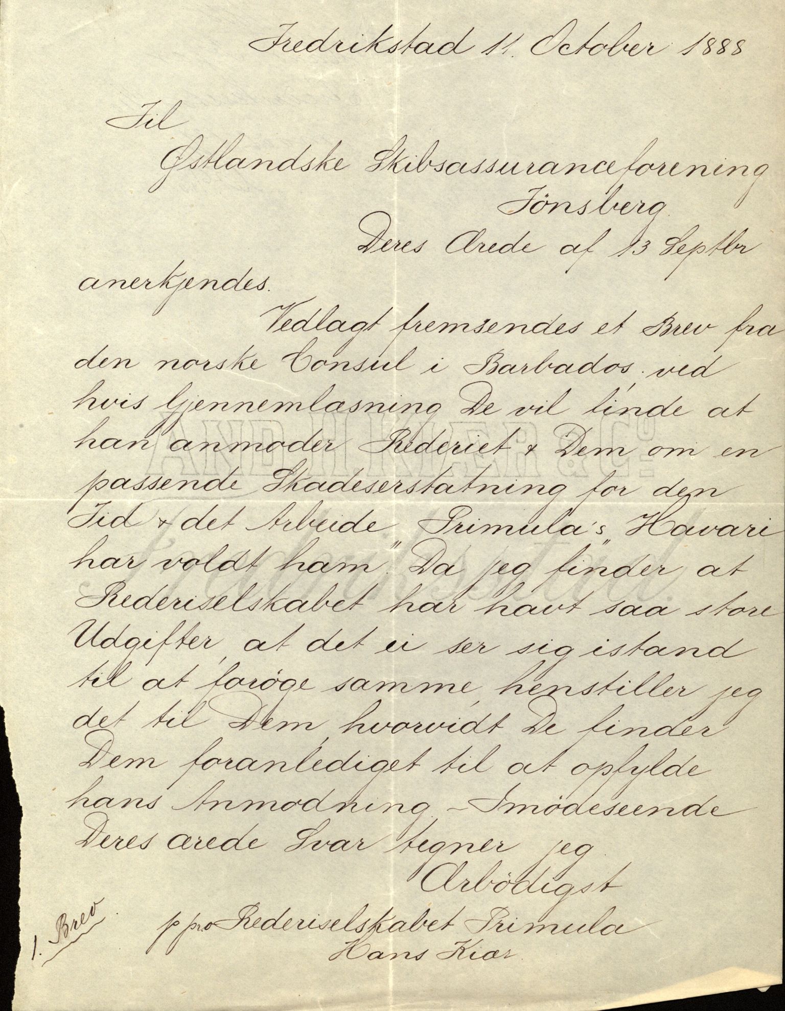 Pa 63 - Østlandske skibsassuranceforening, VEMU/A-1079/G/Ga/L0021/0003: Havaridokumenter / Inga av Drammen, Inga av Sandefjord, Primula, 1888-1889, p. 143