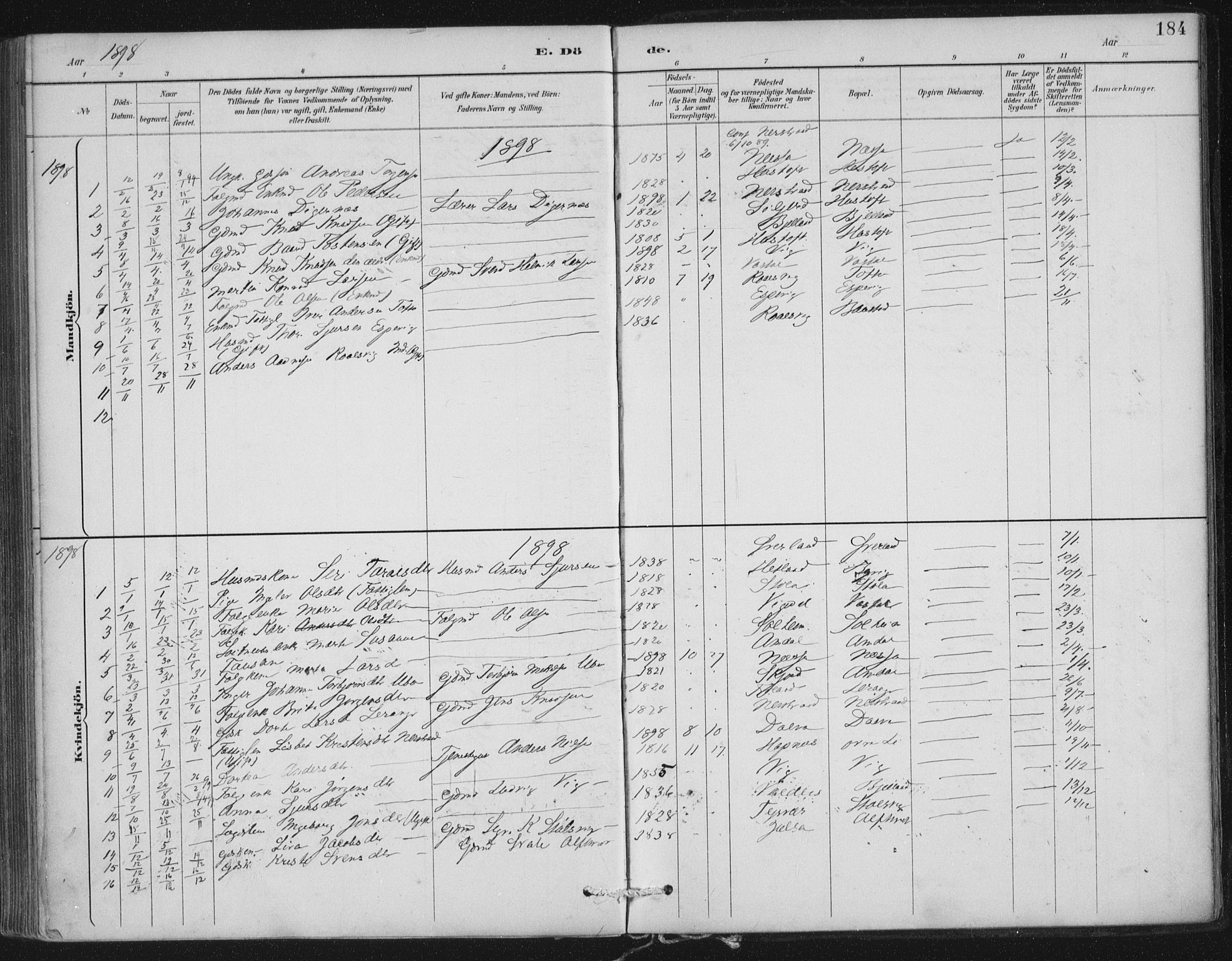 Nedstrand sokneprestkontor, SAST/A-101841/01/IV: Parish register (official) no. A 12, 1887-1915, p. 184