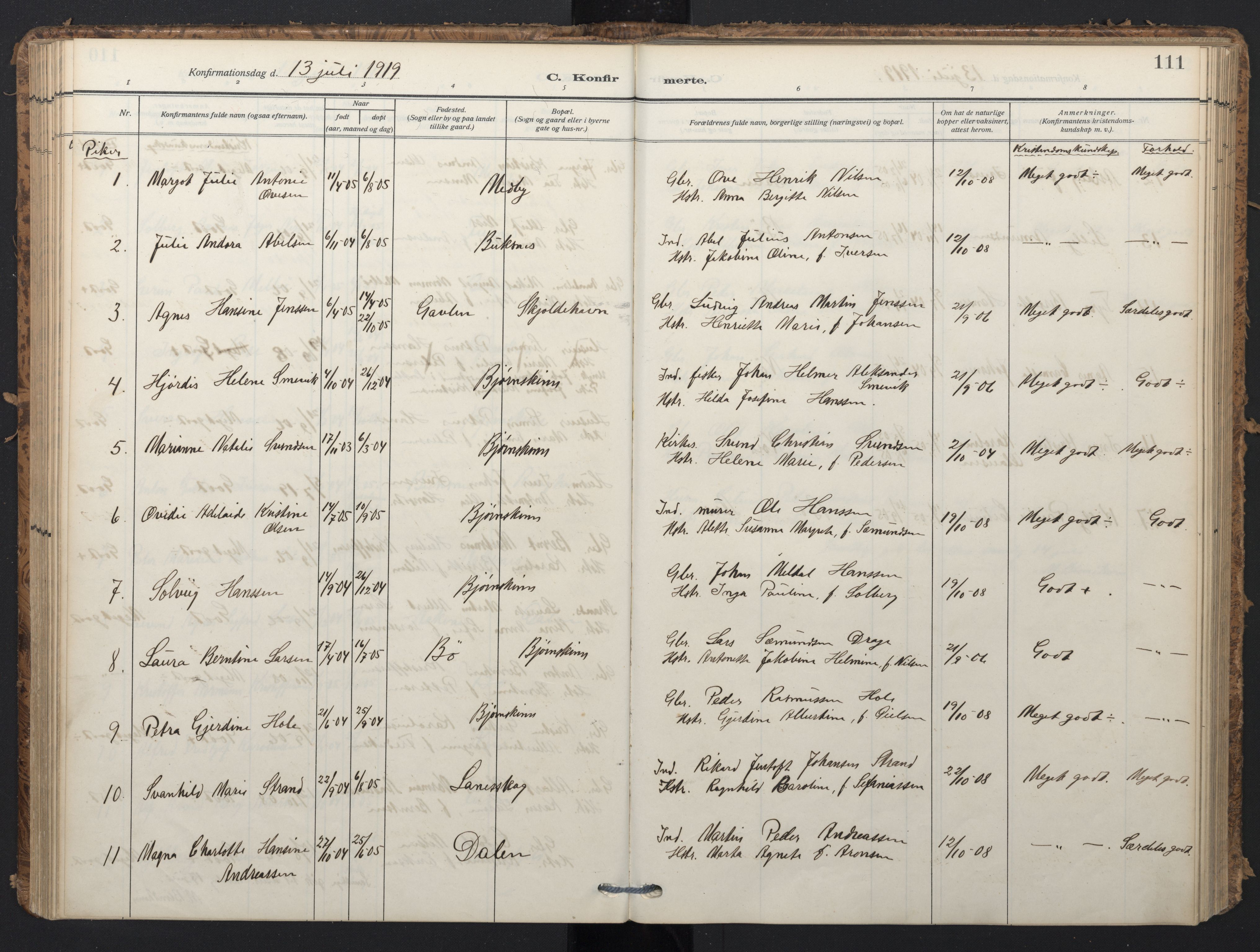 Ministerialprotokoller, klokkerbøker og fødselsregistre - Nordland, AV/SAT-A-1459/898/L1423: Parish register (official) no. 898A03, 1909-1928, p. 111