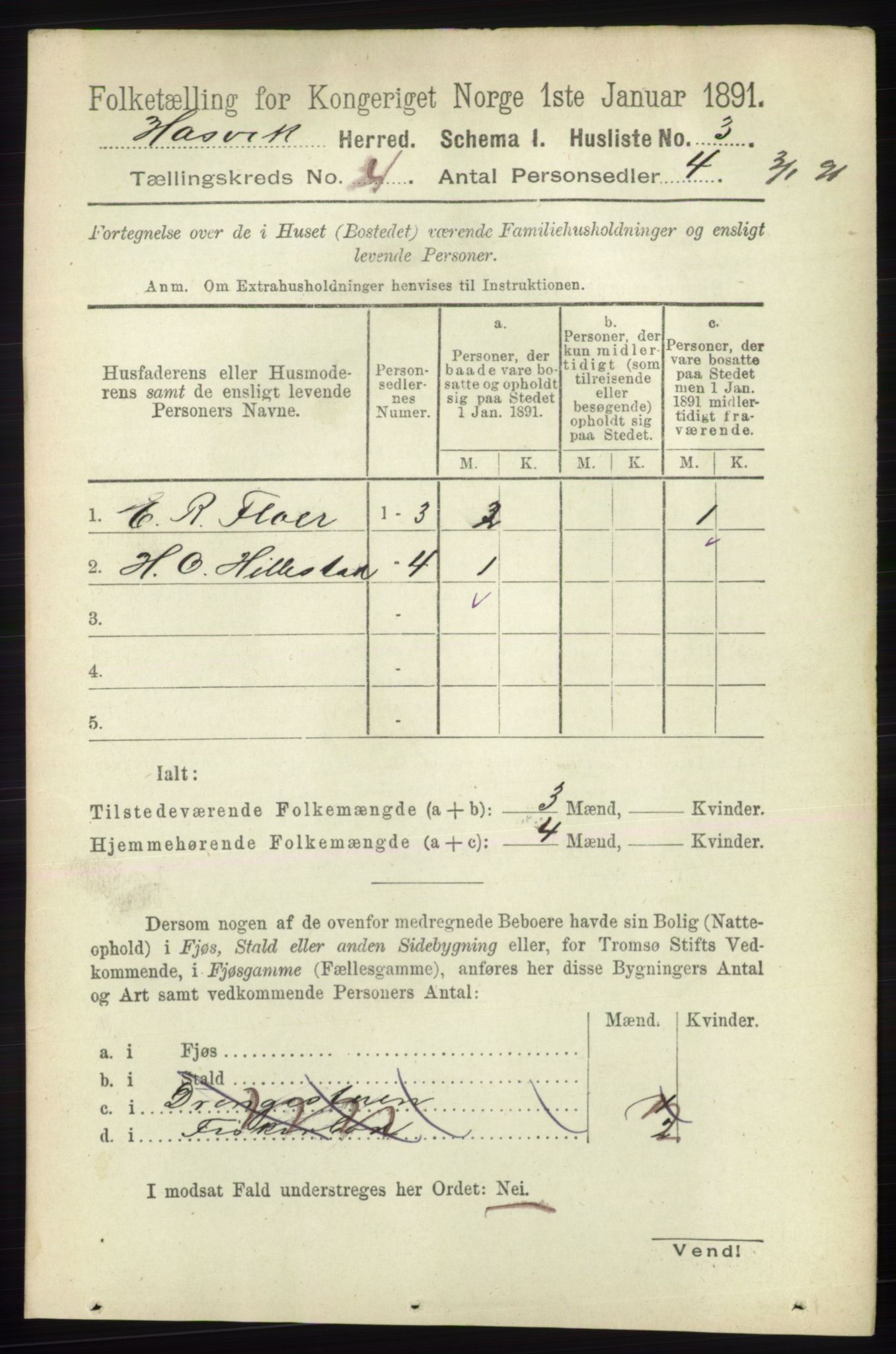 RA, 1891 census for 2015 Hasvik, 1891, p. 468