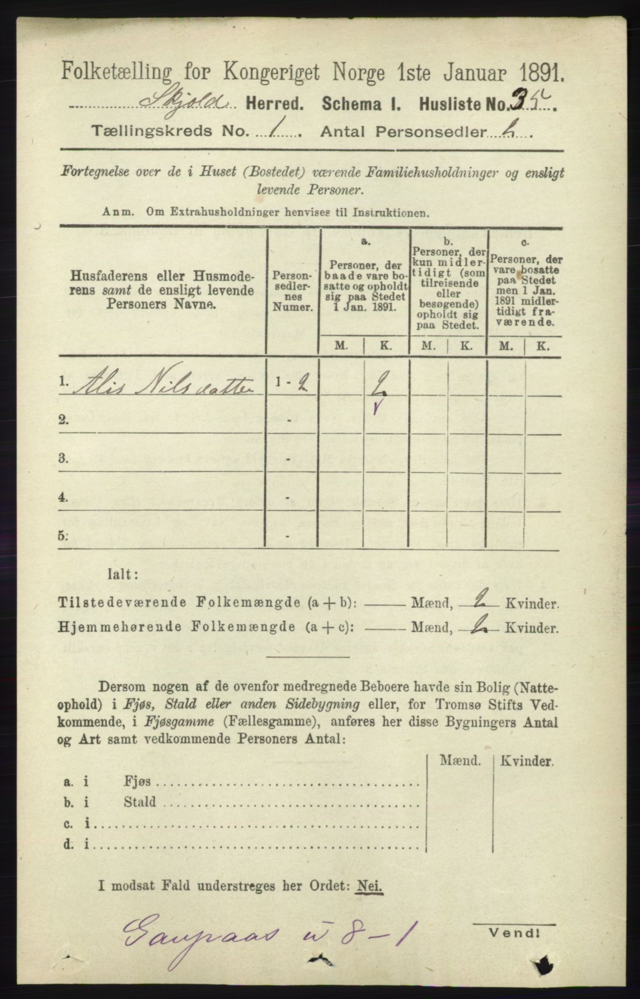 RA, 1891 census for 1154 Skjold, 1891, p. 69