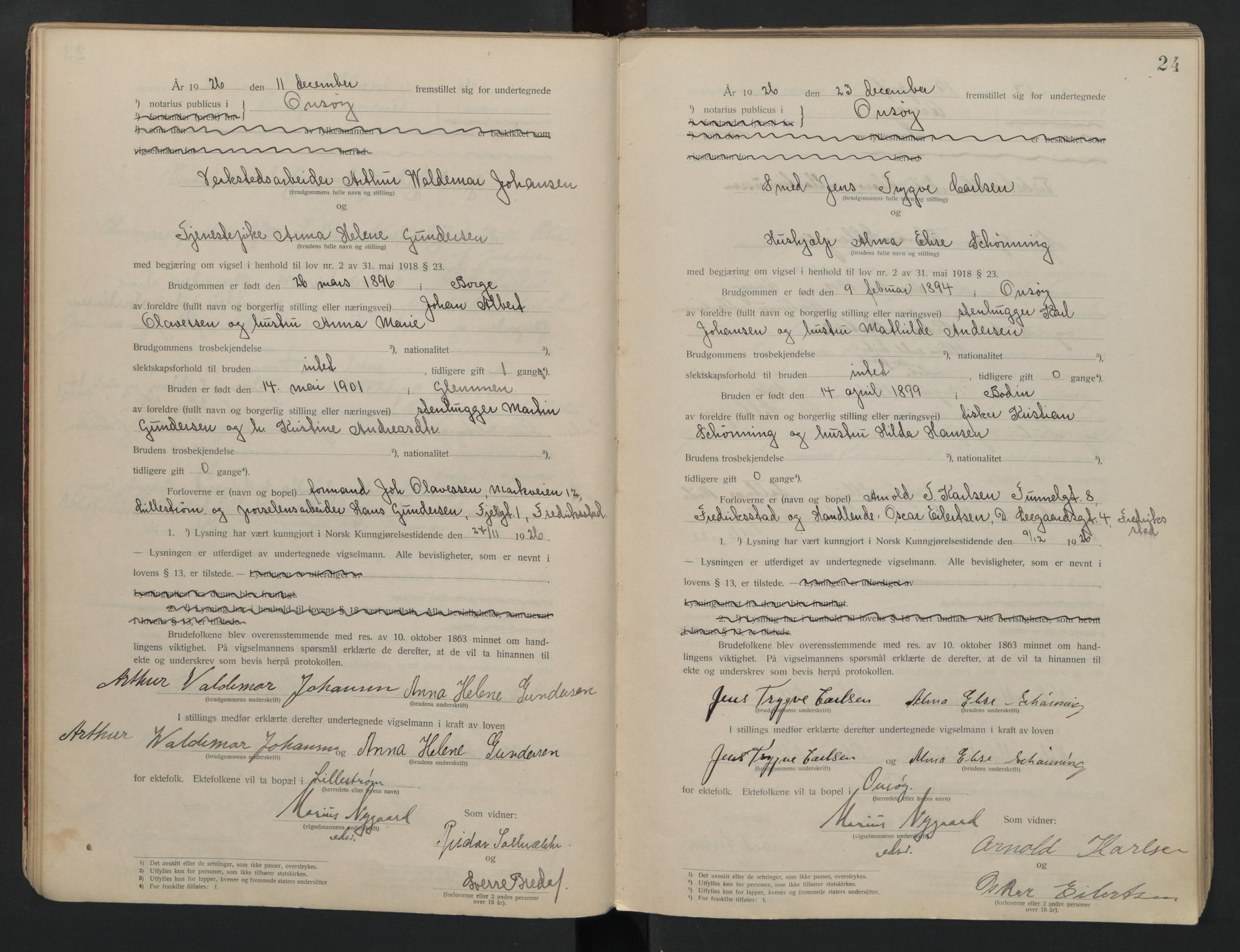 Onsøy sorenskriveri, AV/SAO-A-10474/L/La/L0001: Vigselsbok, 1920-1942, p. 24