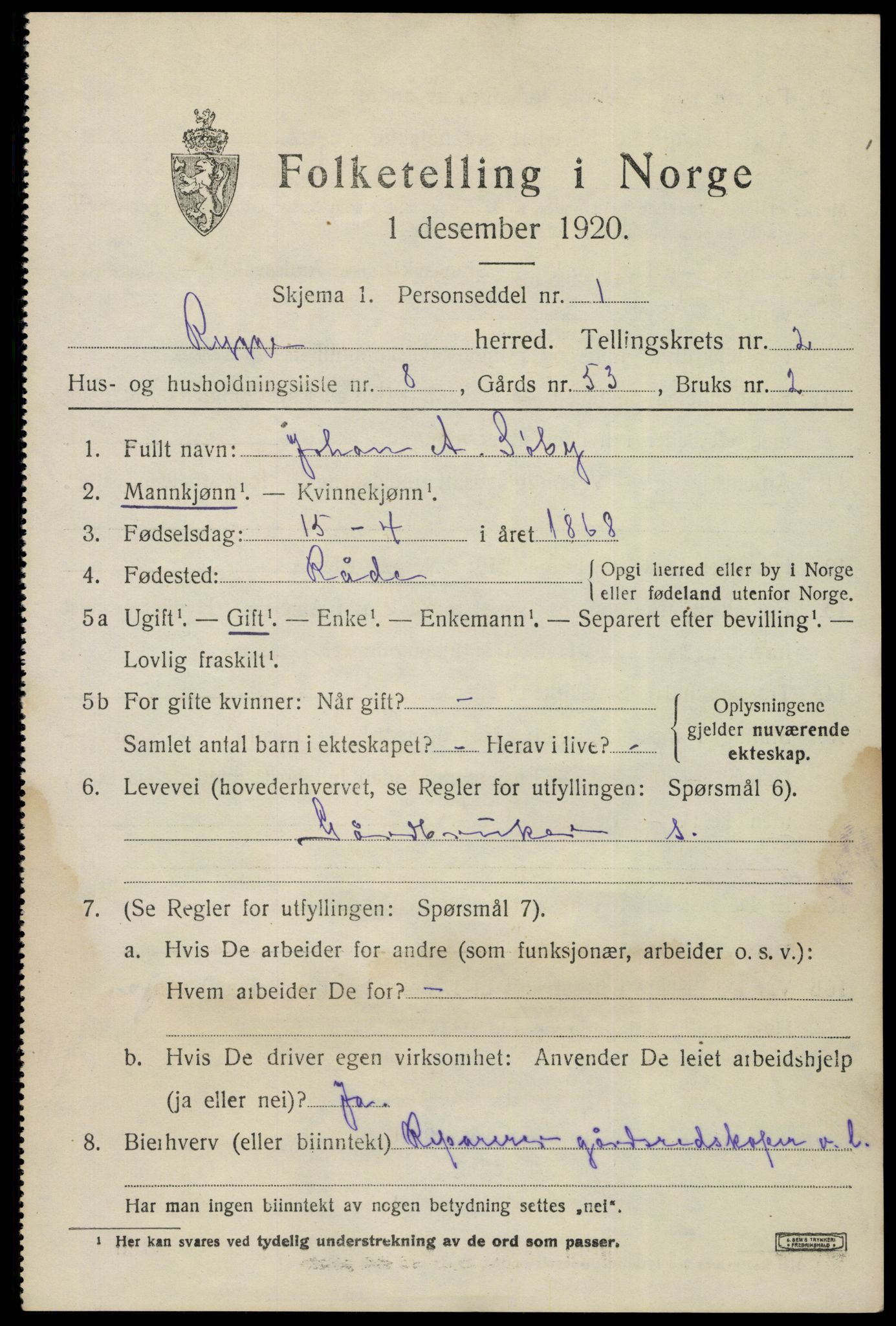 SAO, 1920 census for Rygge, 1920, p. 6195